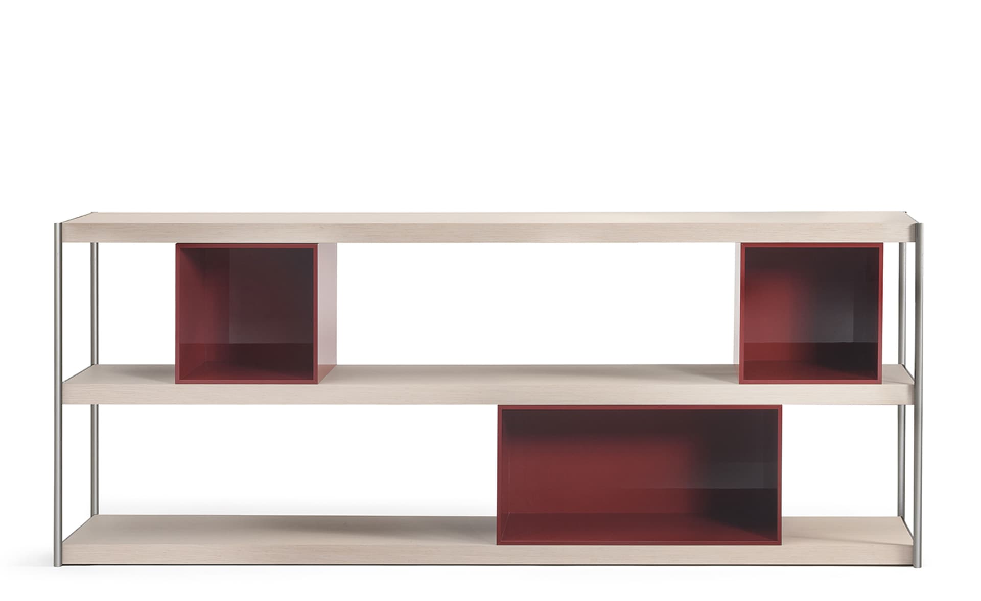 Low, 3 shelf unit / light wood / 2x square boxes, burgundy, 1x rectangle box, burgundy