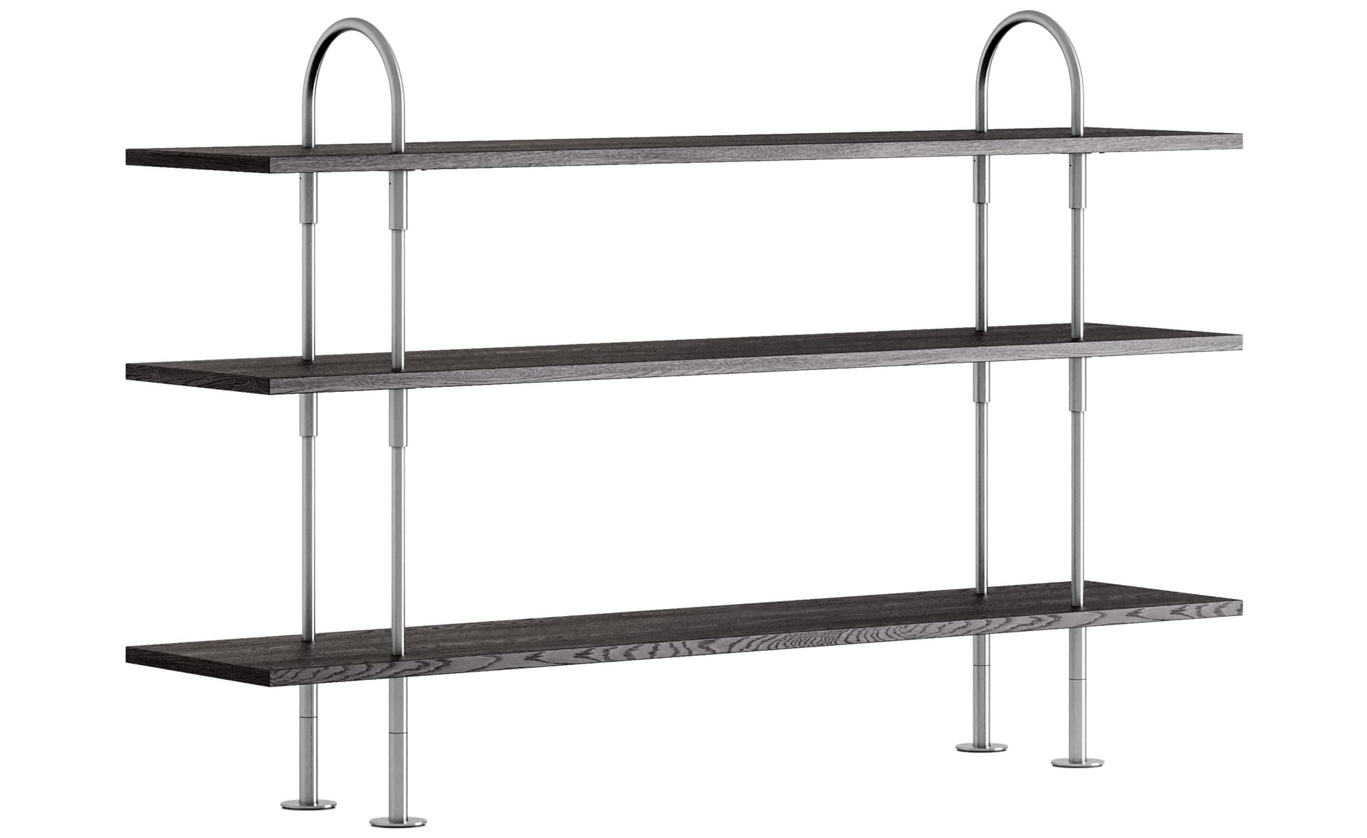 Keen Shelving System with 3 shelves / 63" width - brown/black ash veneer shelves / satin stainless steel frame