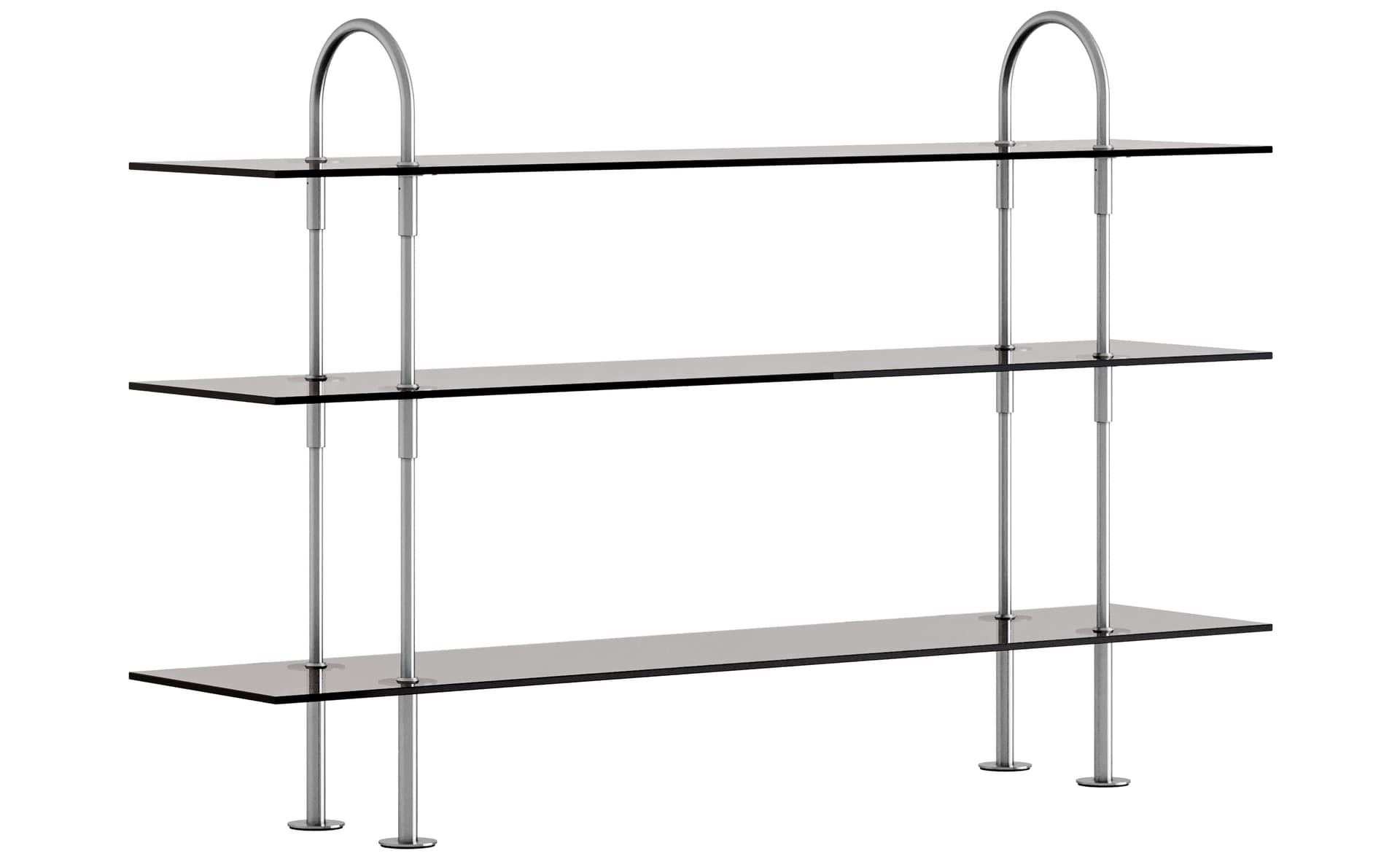 Keen Shelving System with 3 shelves / 63" width - smoke glass shelves / satin stainless steel frame