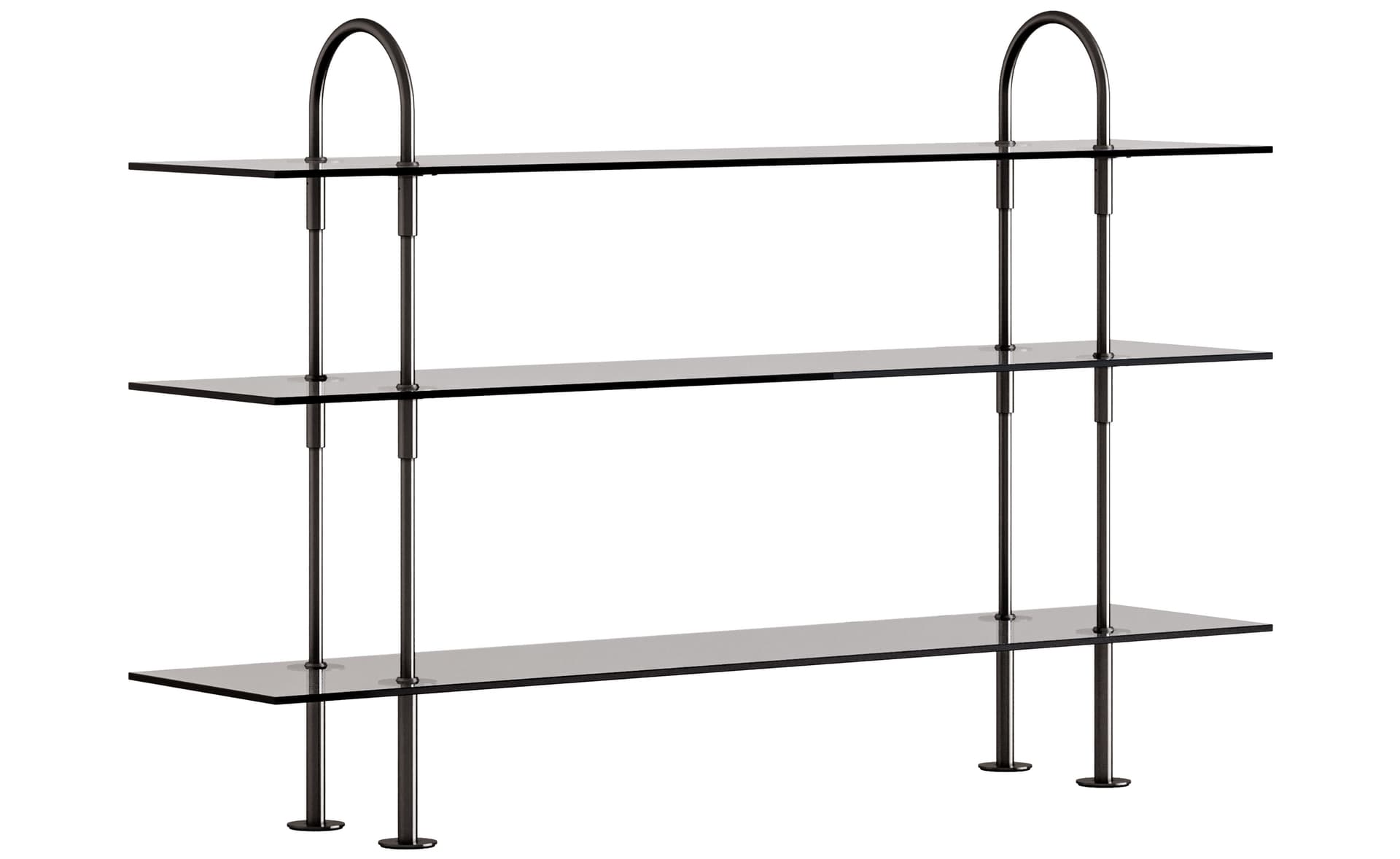 Keen Shelving System with 3 shelves / 63" width - smoke glass shelves / black brass frame