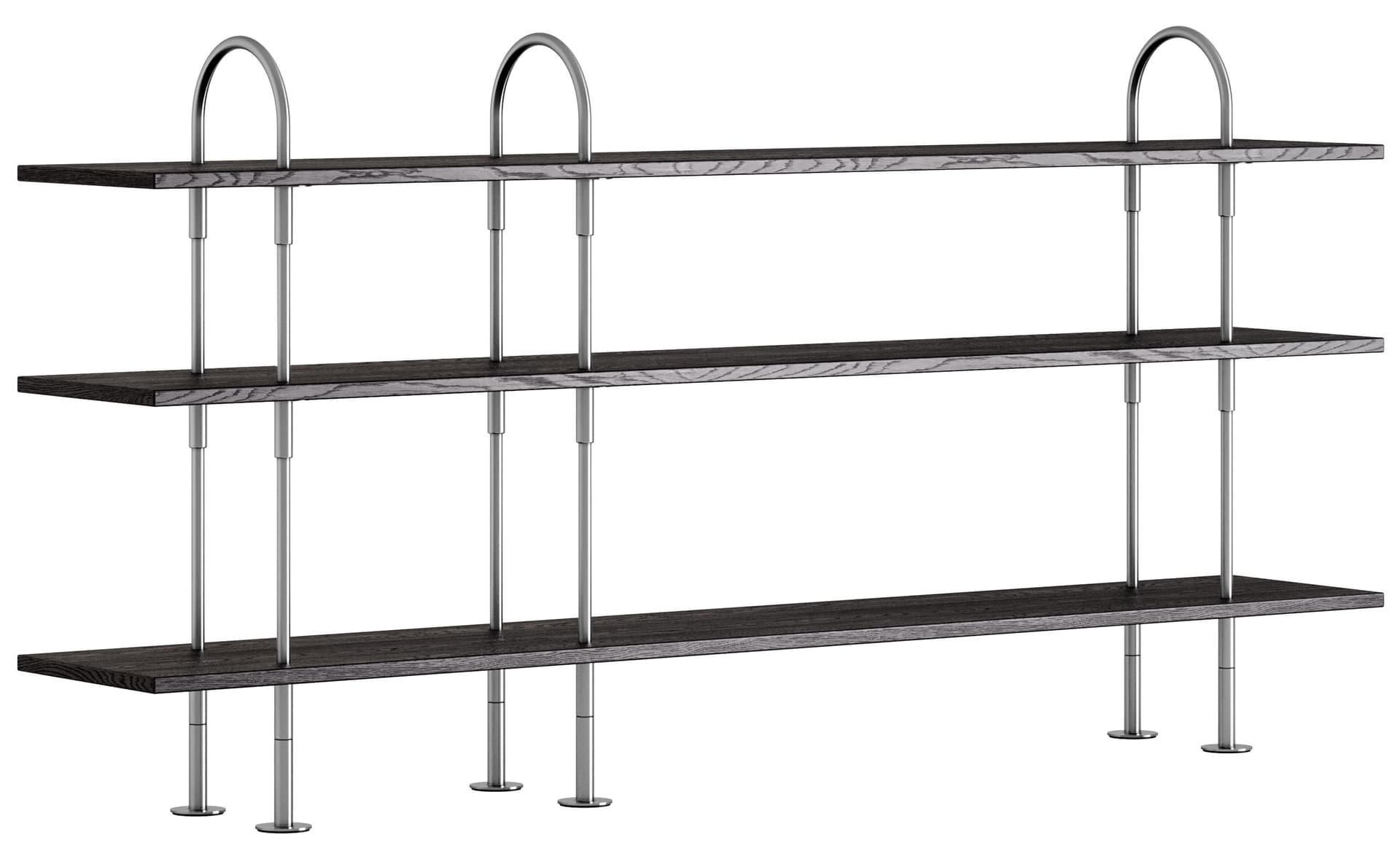 Keen Shelving System with 3 shelves / 82" width - brown/black ash veneer shelves / satin stainless steel frame