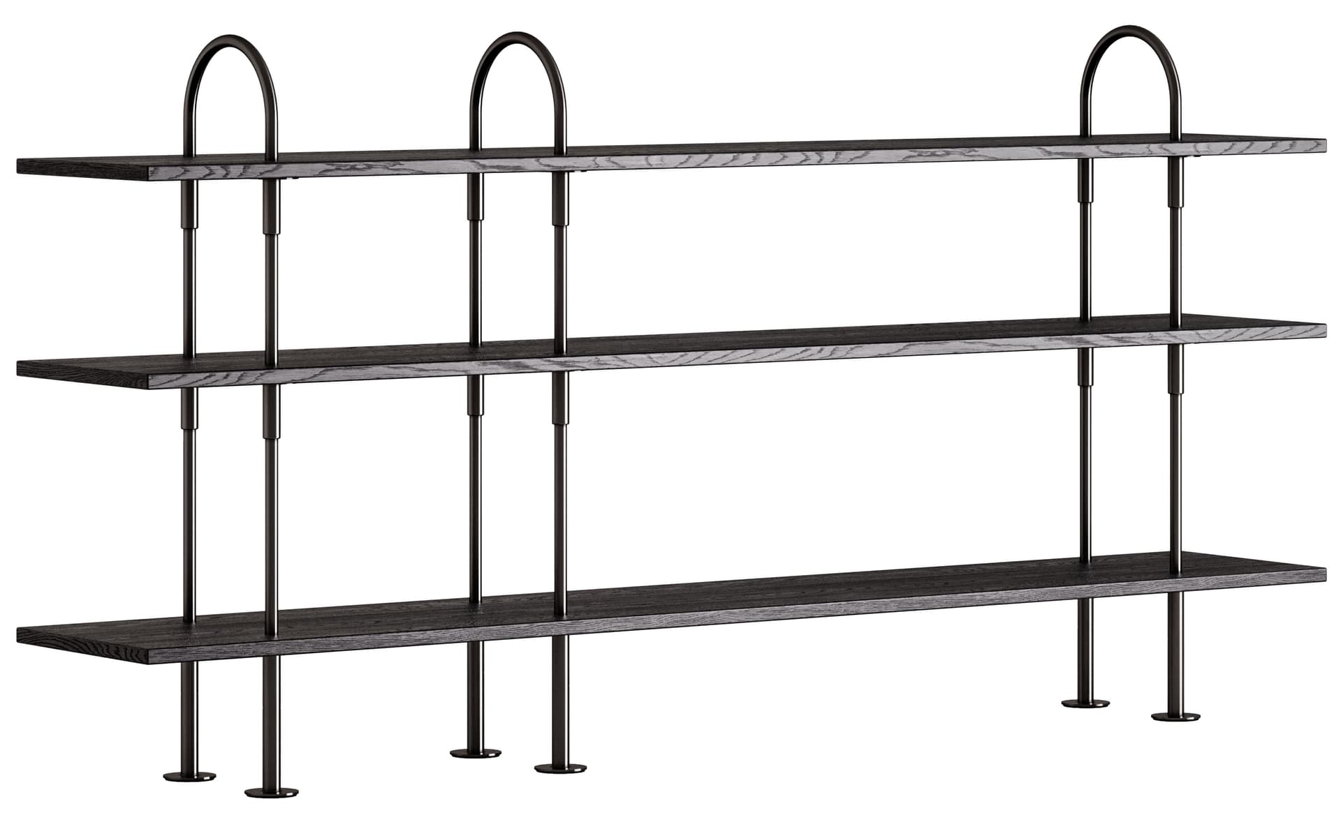 Keen Shelving System with 3 shelves / 82" width - brown/black ash veneer shelves / black brass frame