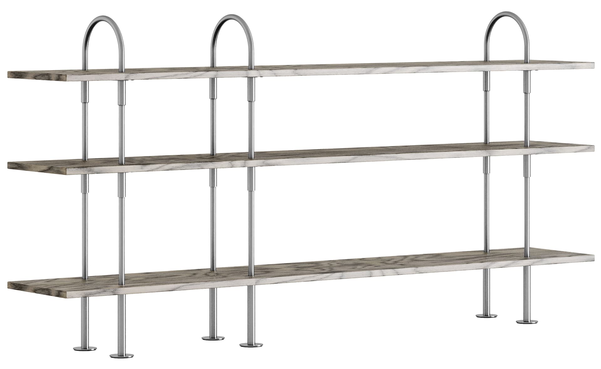 Keen Shelving System with 3 shelves / 82" width - ALPI sottsass gray veneer shelves / satin stainless steel frame