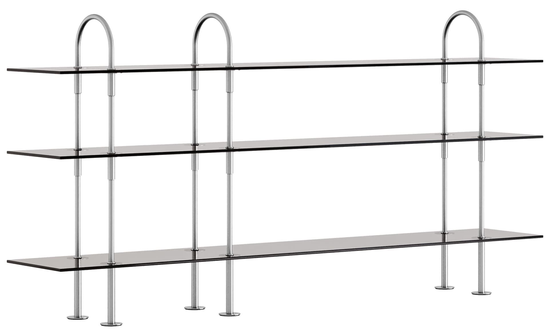 Keen Shelving System with 3 shelves / 82" width - smoke glass shelves / satin stainless steel frame