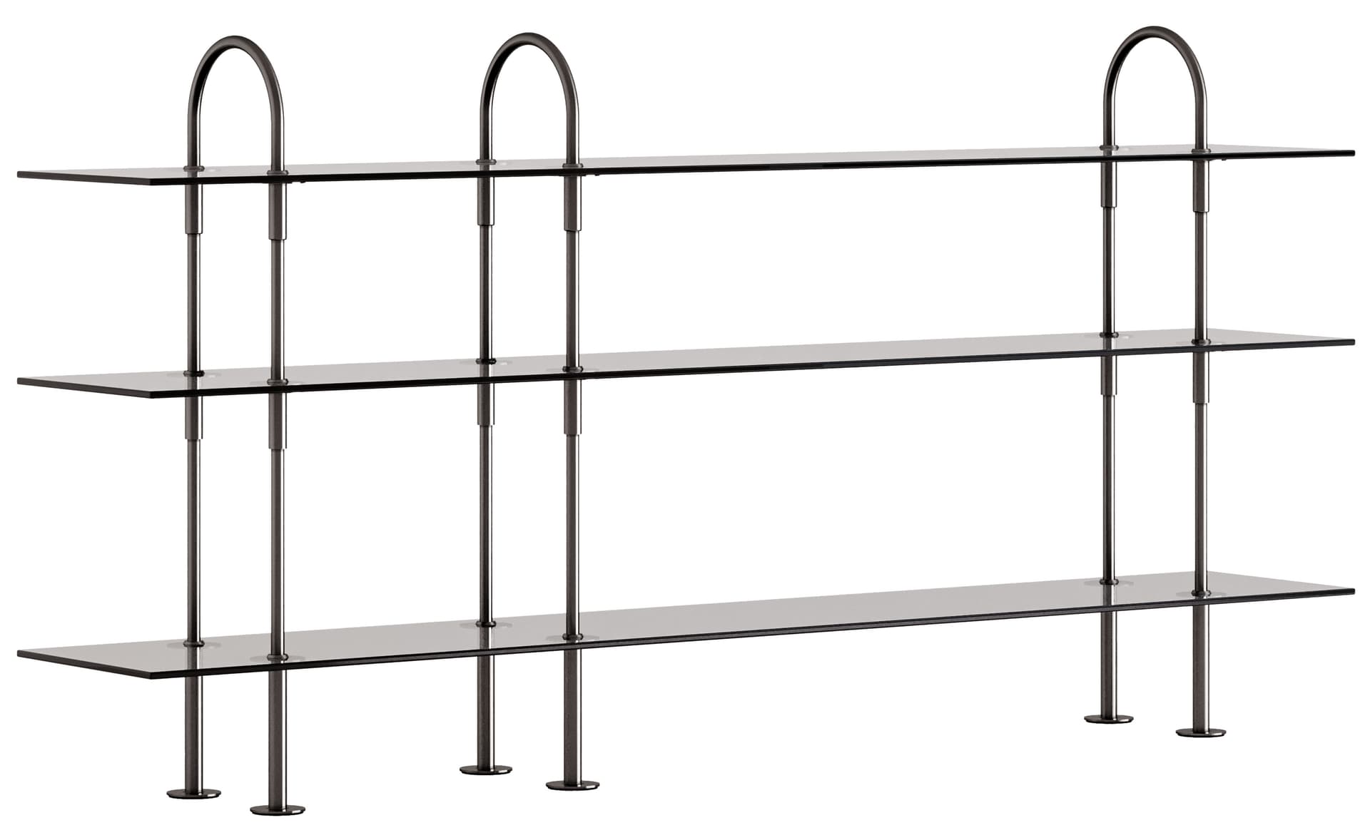 Keen Shelving System with 3 shelves / 82" width - smoke glass shelves / black brass frame