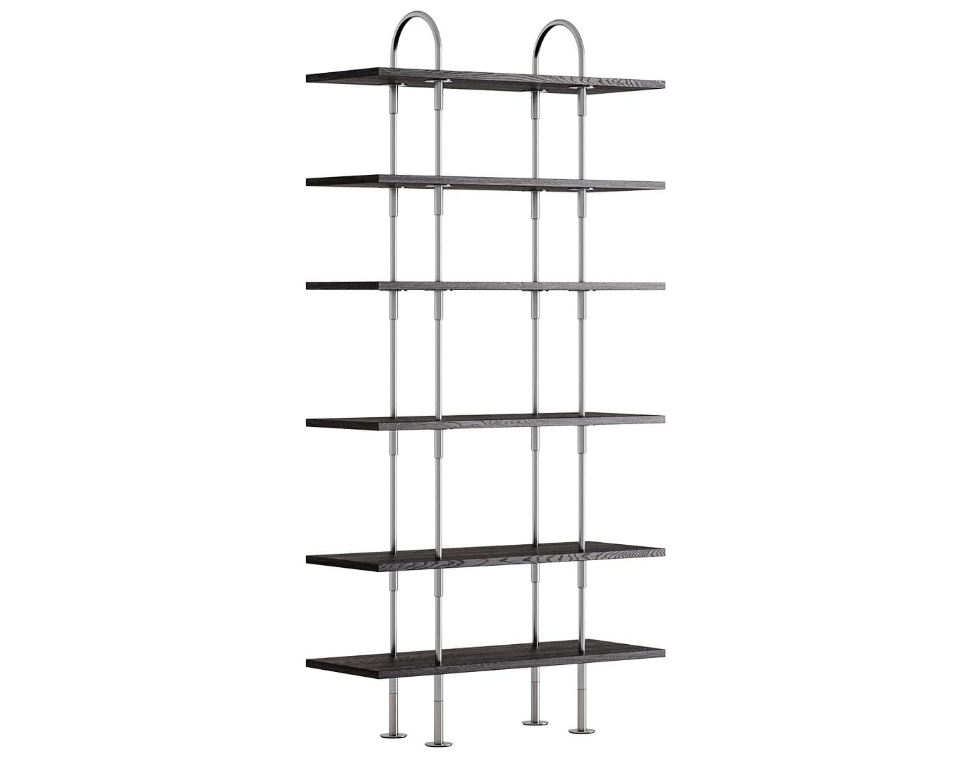 Keen Shelving System with 6 shelves / 37.8" width - brown/black ash veneer shelves / satin stainless steel frame