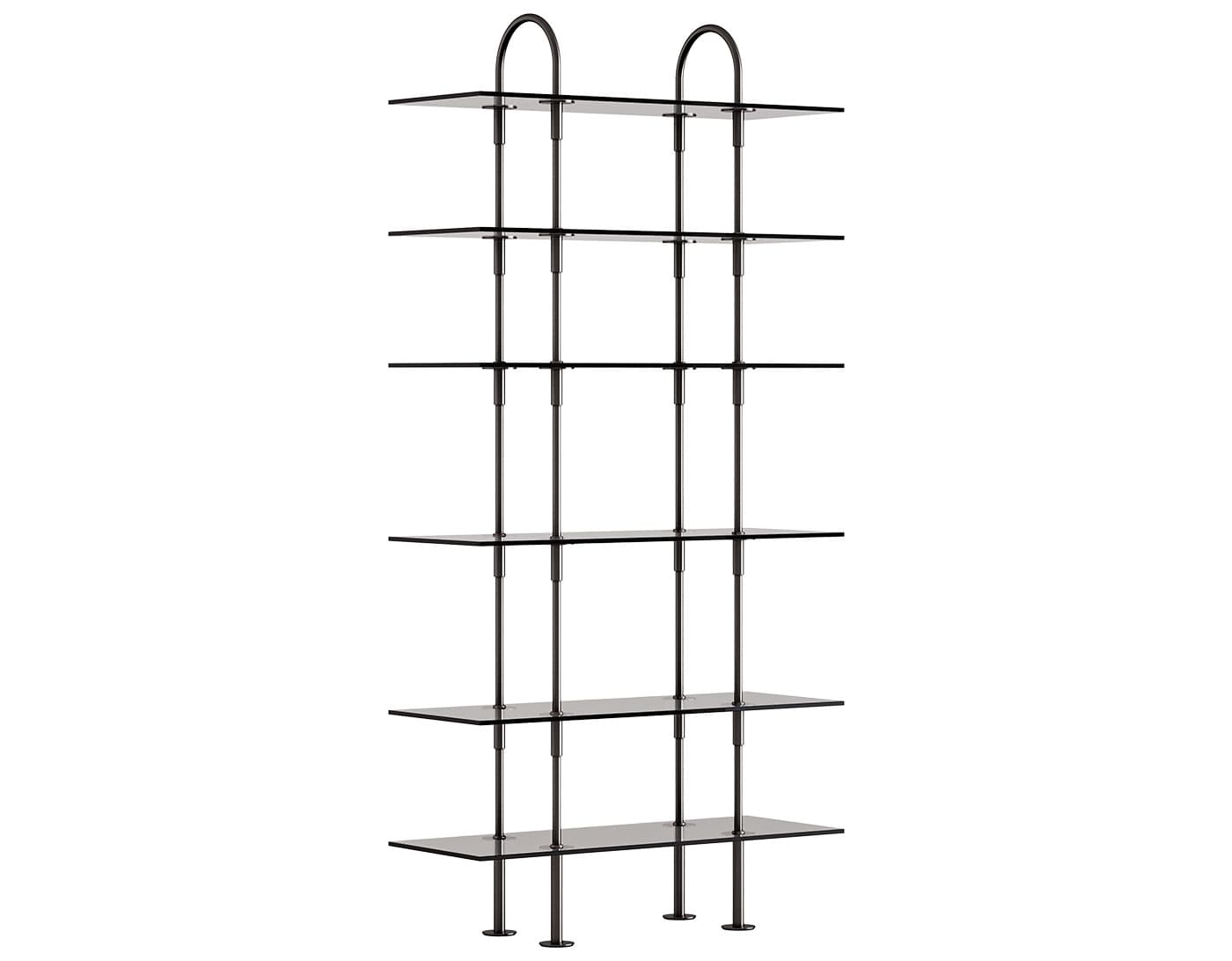 Keen Shelving System with 6 shelves / 37.8" width - smoke glass shelves / black brass frame