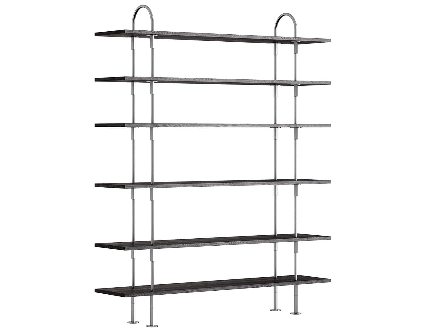 Keen Shelving System with 6 shelves / 63" width - brown/black ash veneer shelves / satin stainless steel frame