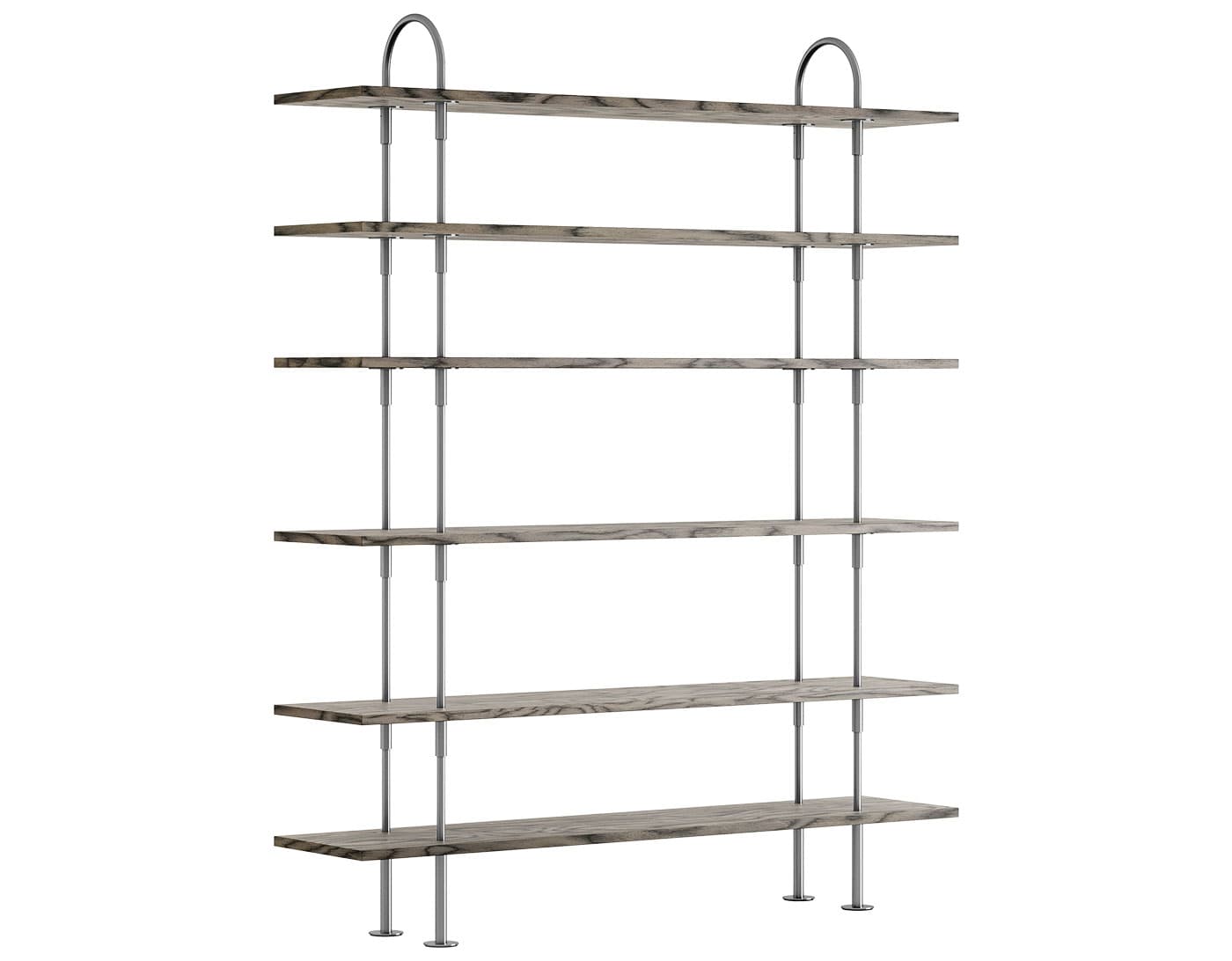 Keen Shelving System with 6 shelves / 63" width - ALPI sottsass gray veneer shelves / satin stainless steel frame