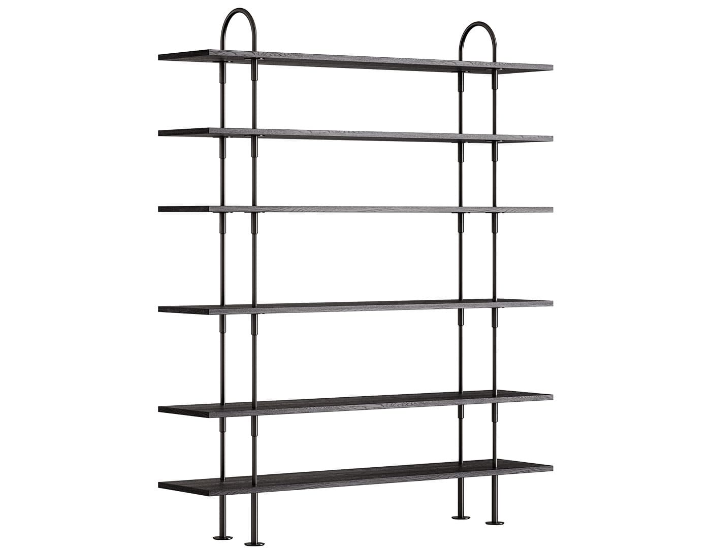 Keen Shelving System with 6 shelves / 63" width - brown/black ash veneer shelves / black brass frame