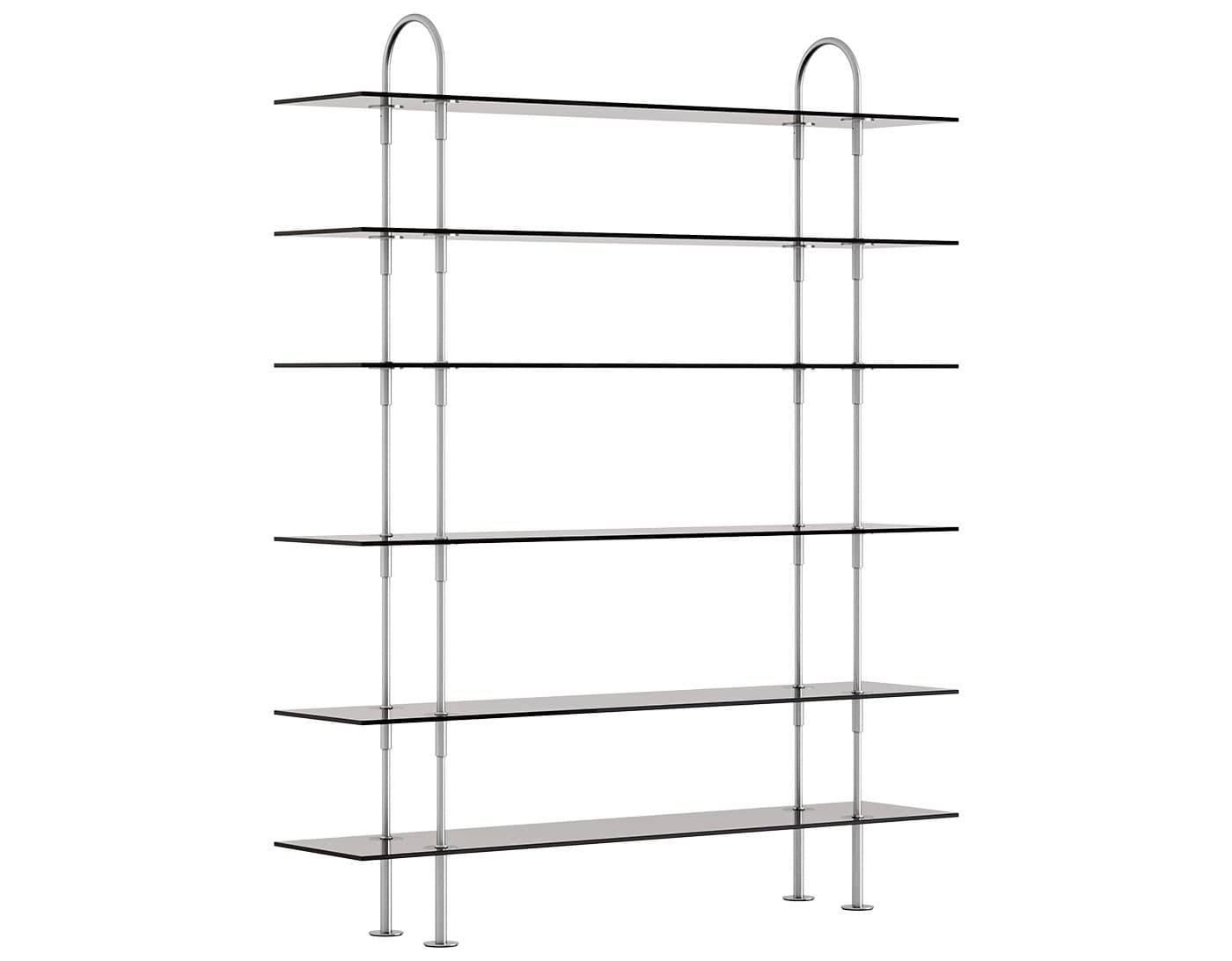 Keen Shelving System with 6 shelves / 63" width - smoke glass shelves / satin stainless steel frame