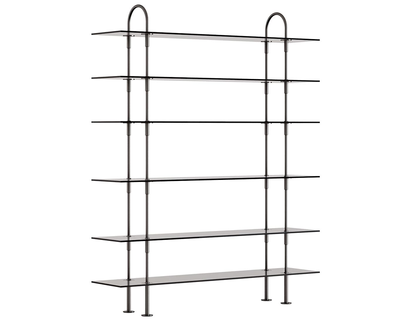 Keen Shelving System with 6 shelves / 63" width - smoke glass shelves / black brass frame