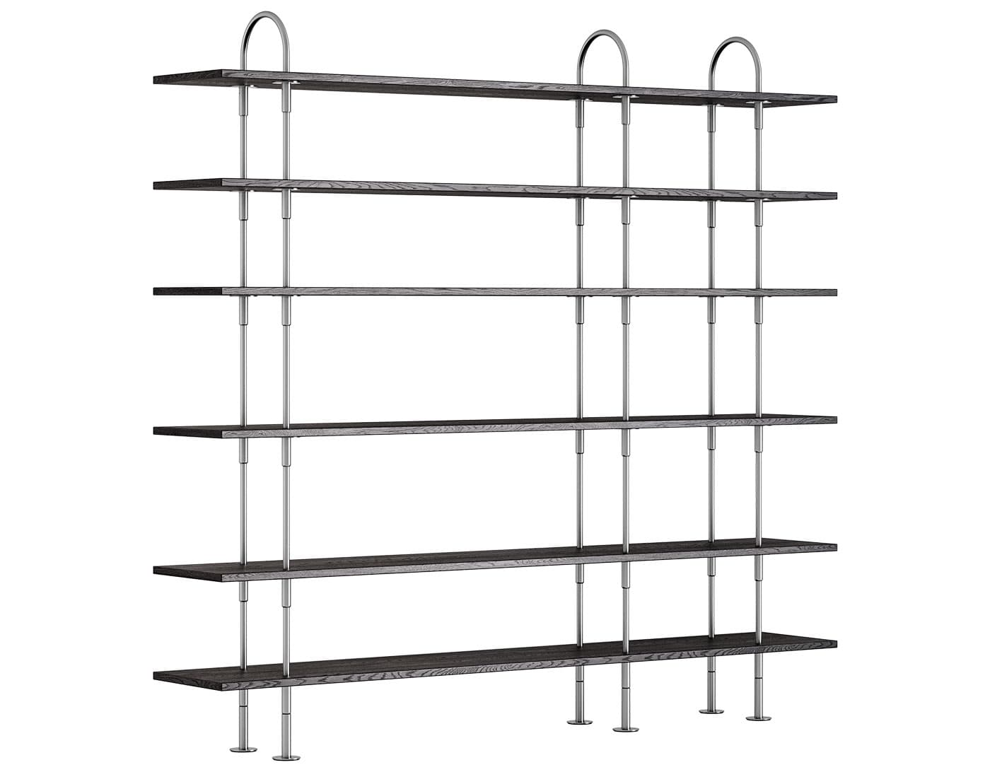 Keen Shelving System with 6 shelves / 82" width - brown/black ash veneer shelves / satin stainless steel frame