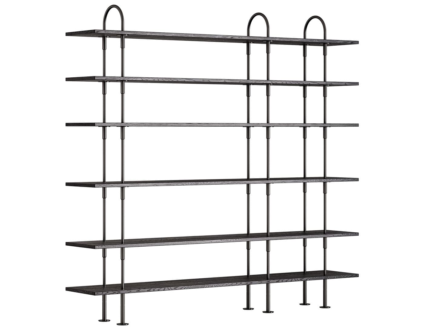 Keen Shelving System with 6 shelves / 82" width - brown/black ash veneer shelves / black brass frame