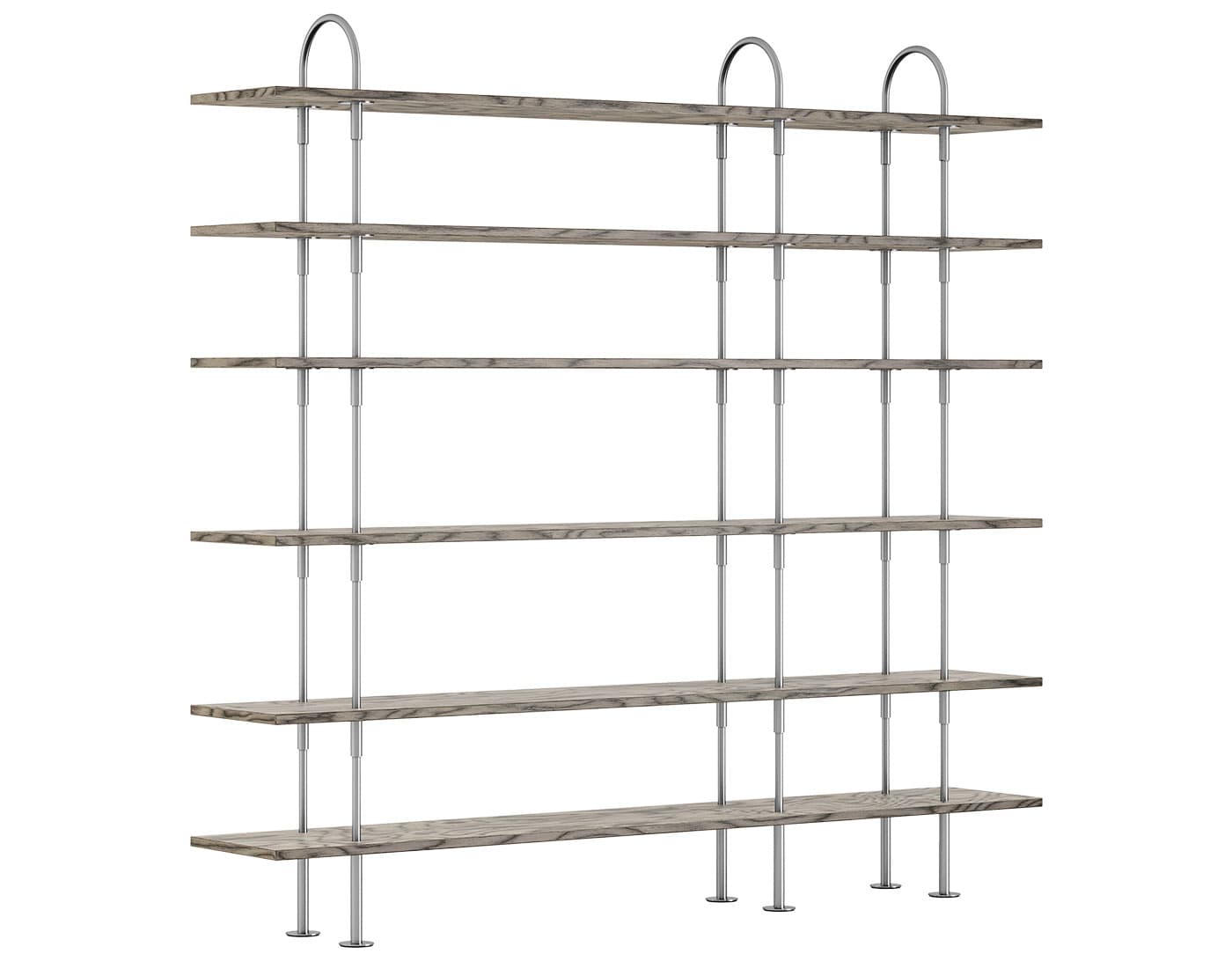 Keen Shelving System with 6 shelves / 82" width - ALPI sottsass gray veneer shelves / satin stainless steel frame