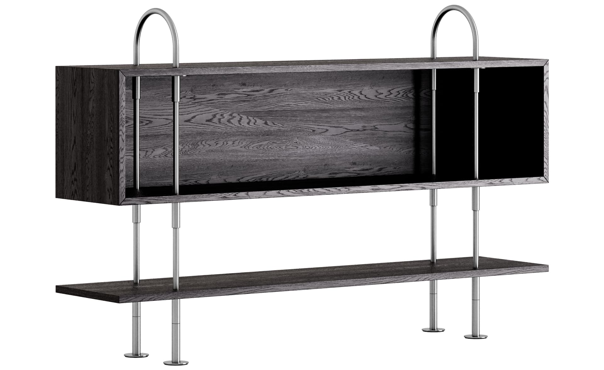 Keen Shelving System with box / 41.3" height - brown/black ash veneer shelves / satin stainless steel frame