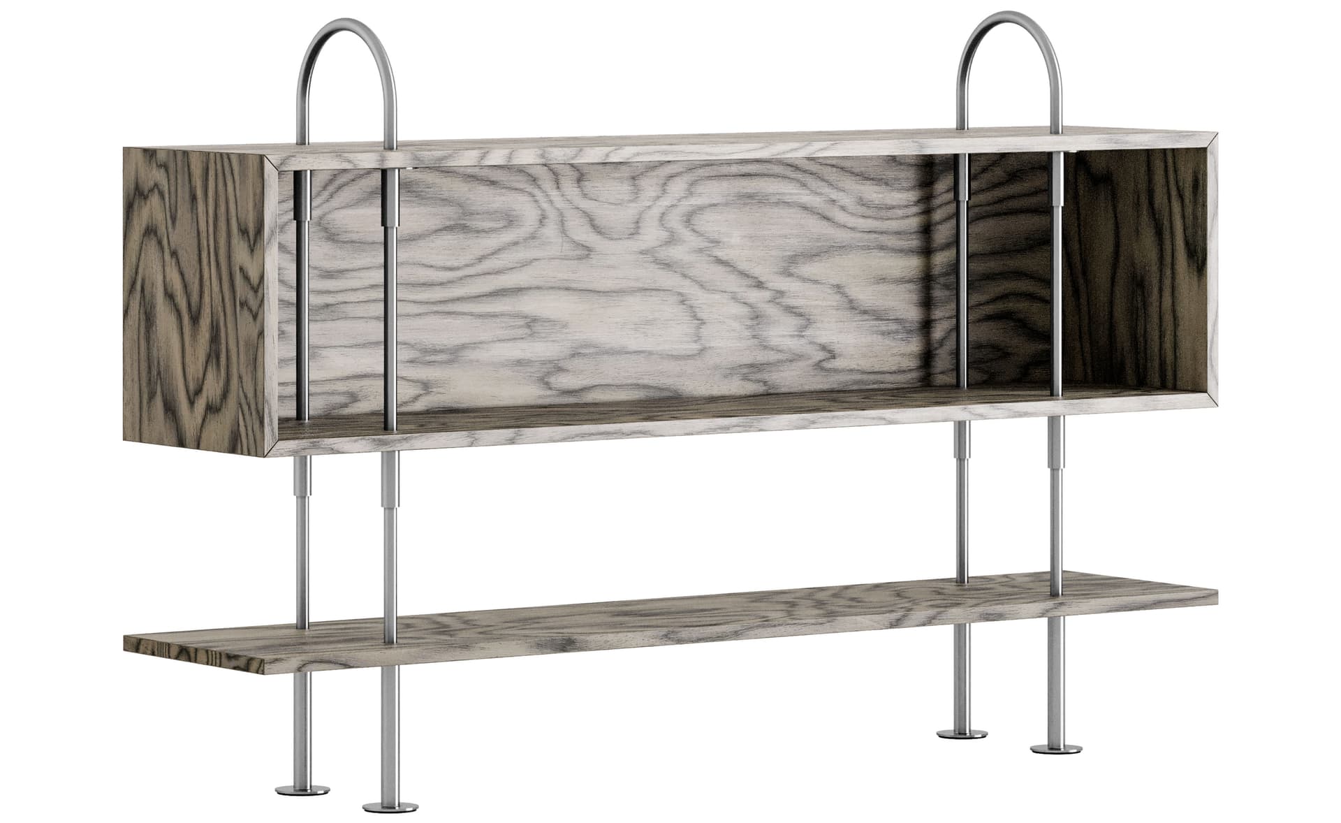Keen Shelving System with box / 41.3" height - ALPI sottsass gray veneer shelves / satin stainless steel frame