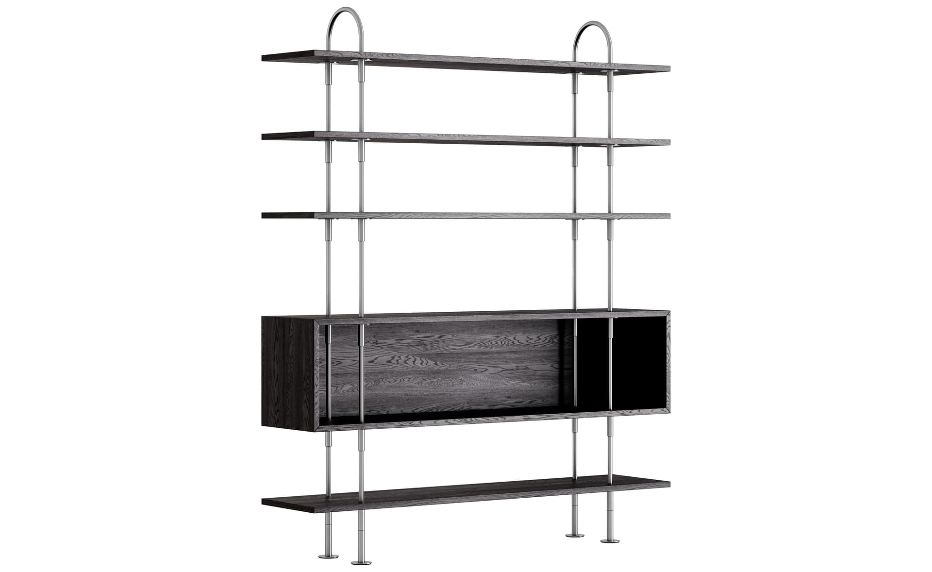Keen Shelving System with box / 78" height - brown/black ash veneer shelves / satin stainless steel frame