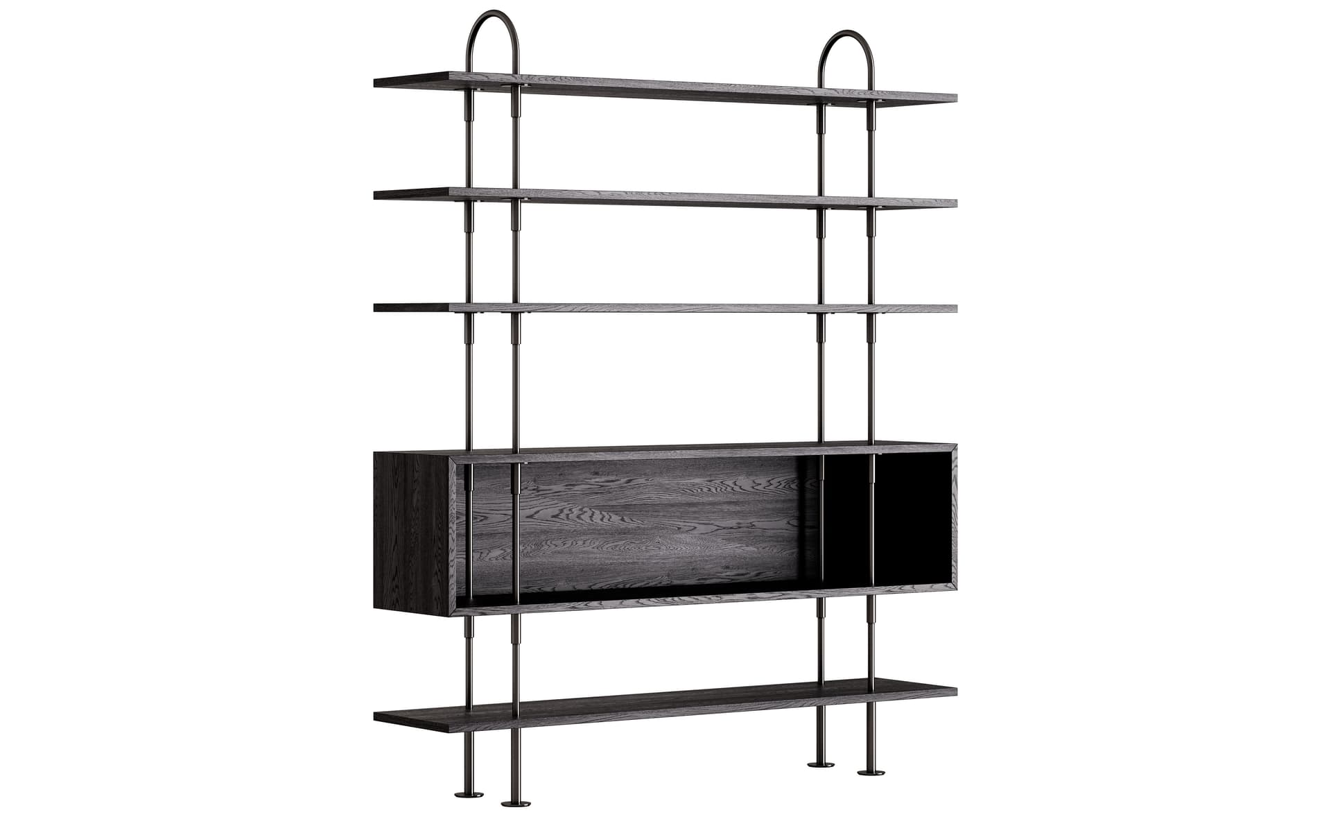 Keen Shelving System with box / 78" height - brown/black ash veneer shelves / black brass frame