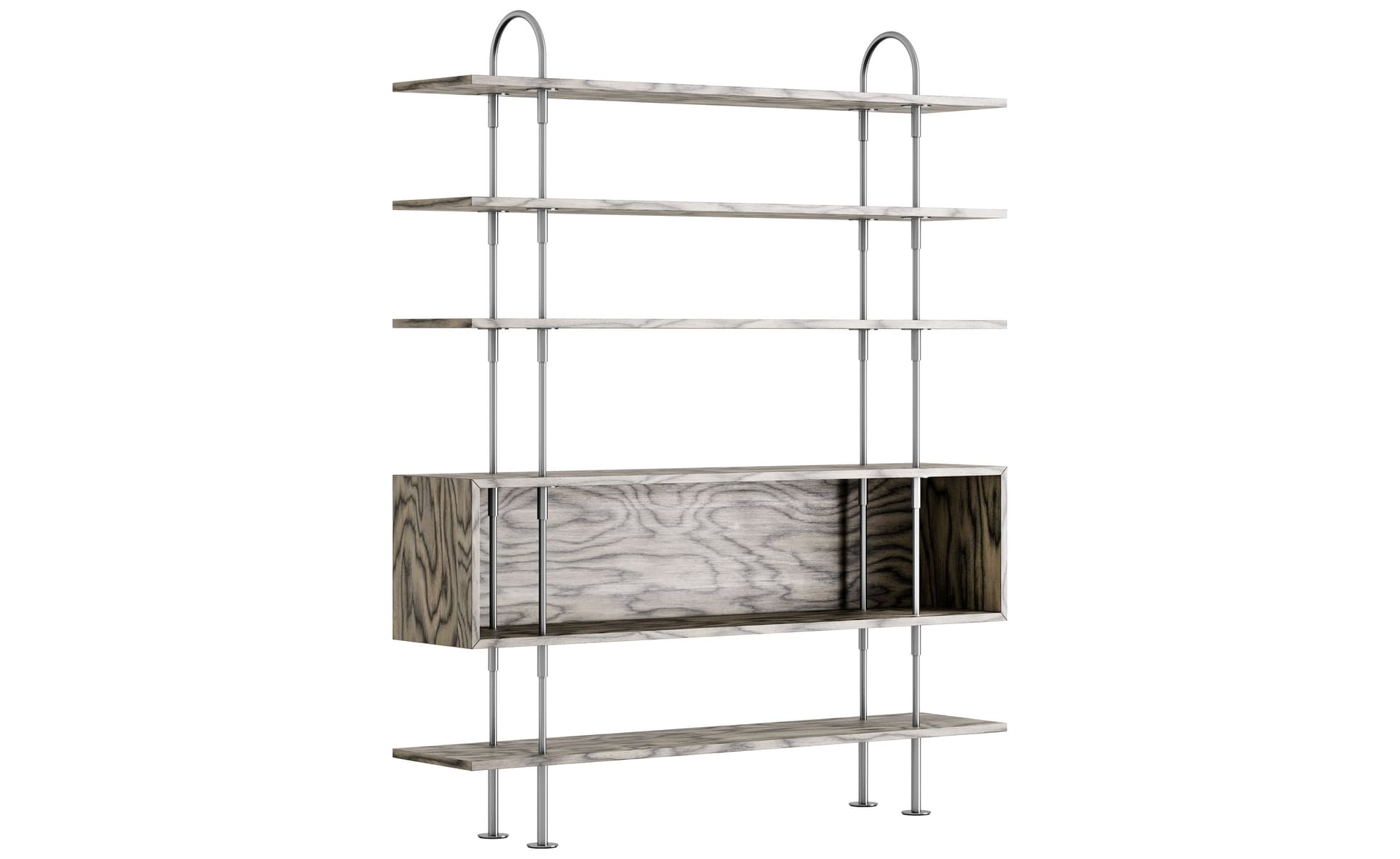 Keen Shelving System with box / 78" height - ALPI sottsass gray veneer shelves / satin stainless steel frame