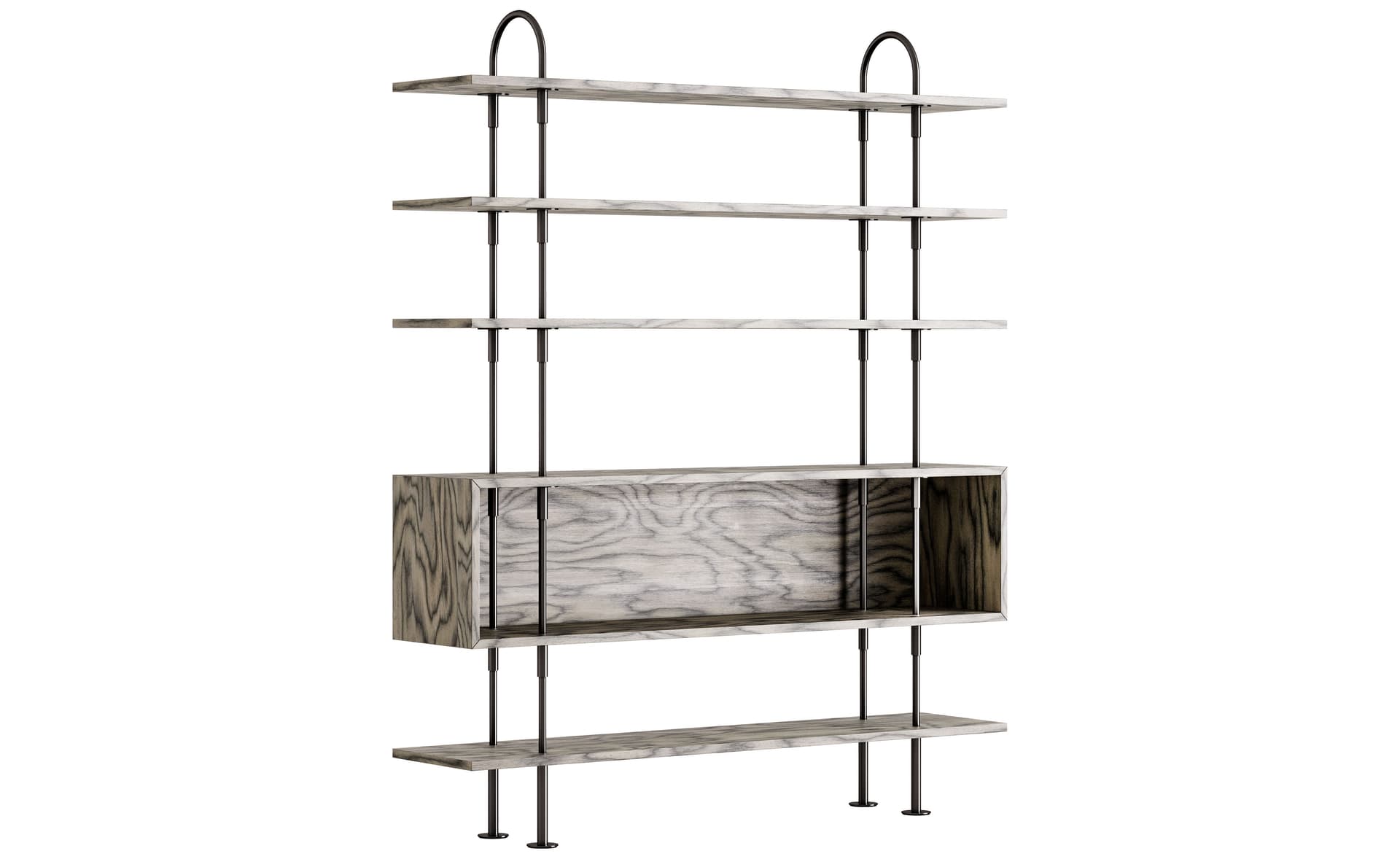 Keen Shelving System with box / 78" height - ALPI sottsass gray veneer shelves / black brass frame