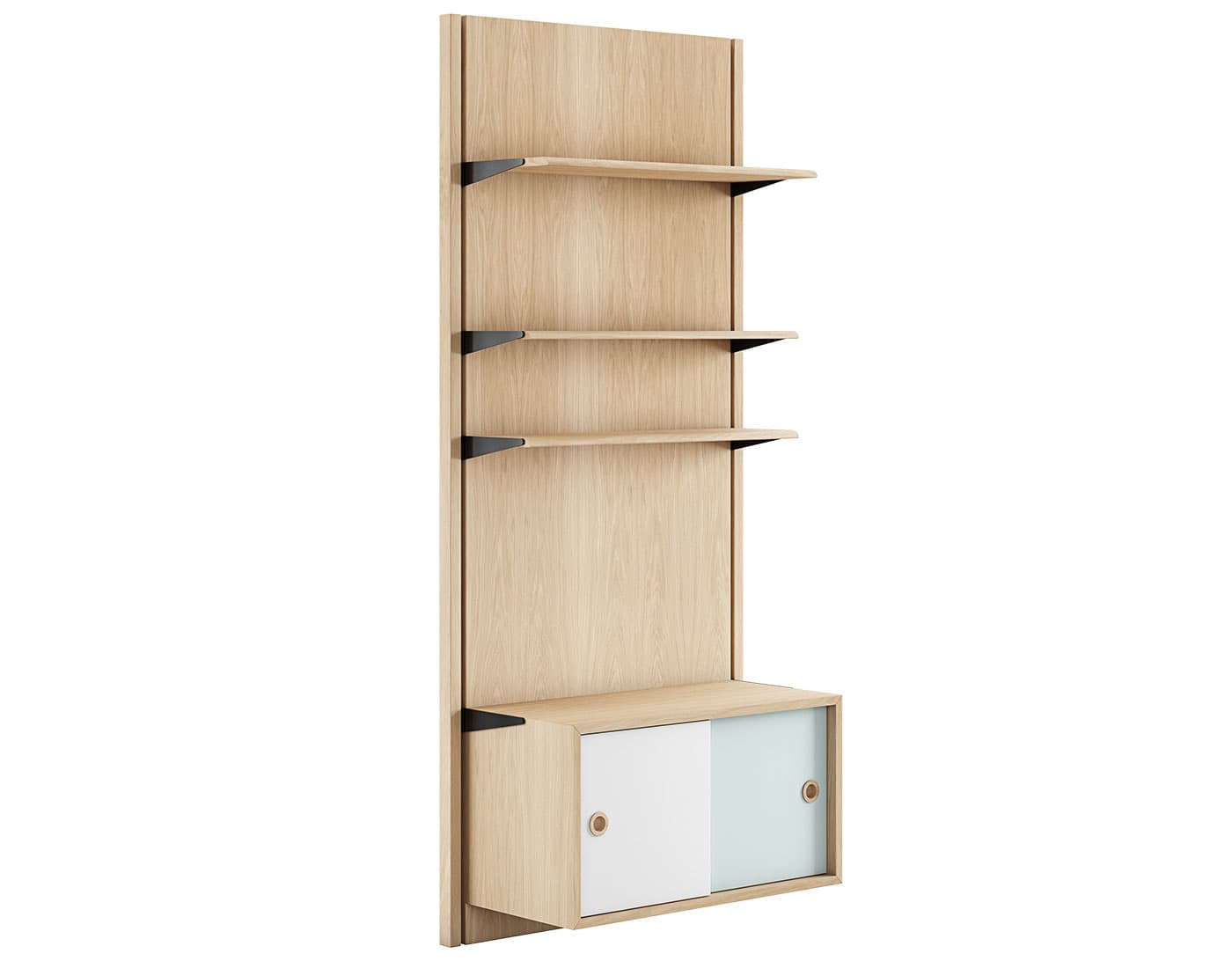 Wall Panel System / composition 1A: oiled oak panels / oiled oak components (white/blue doors)