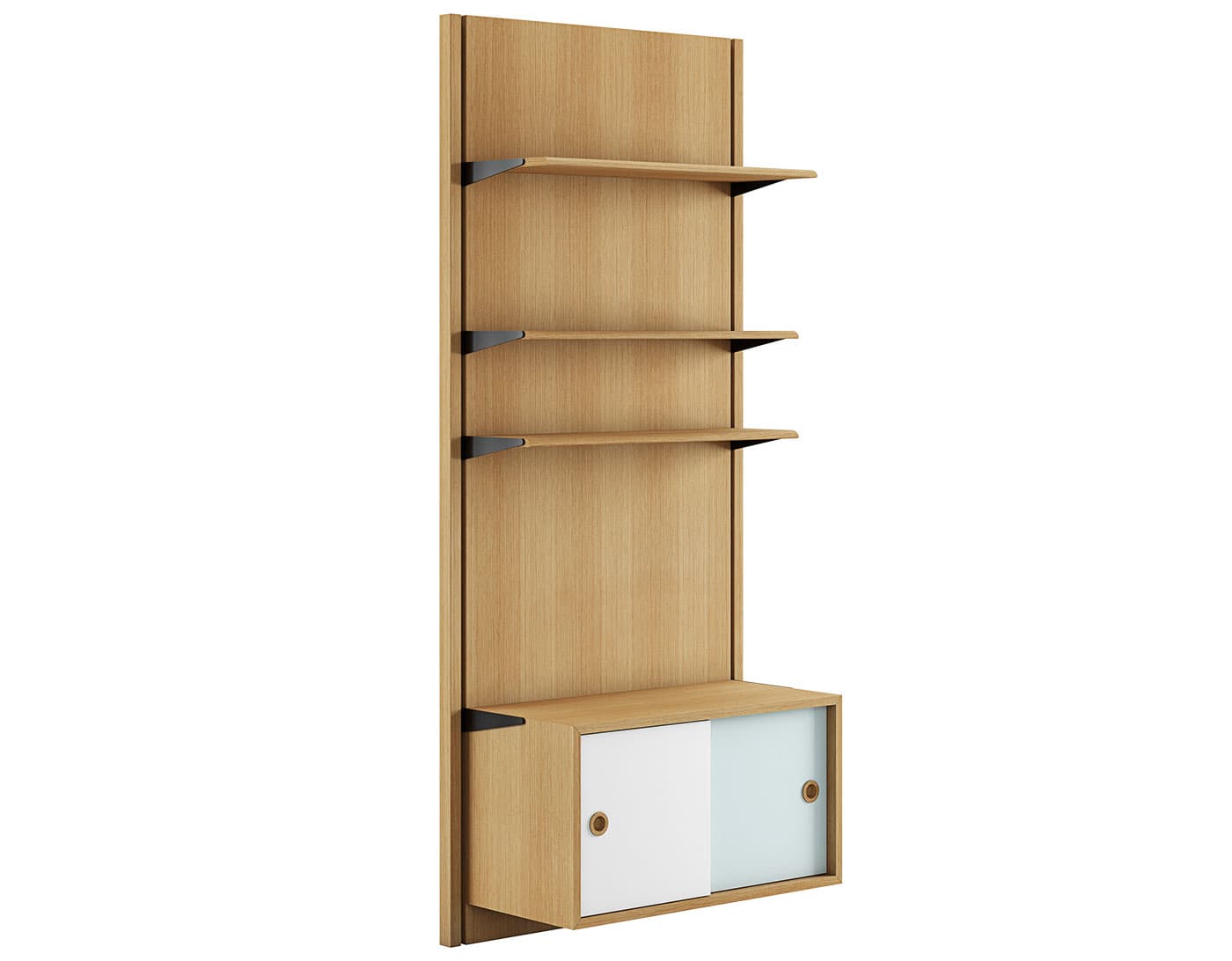 Wall Panel System / composition 1A: dark-oiled oak panels / dark-oiled oak components (white/blue doors)