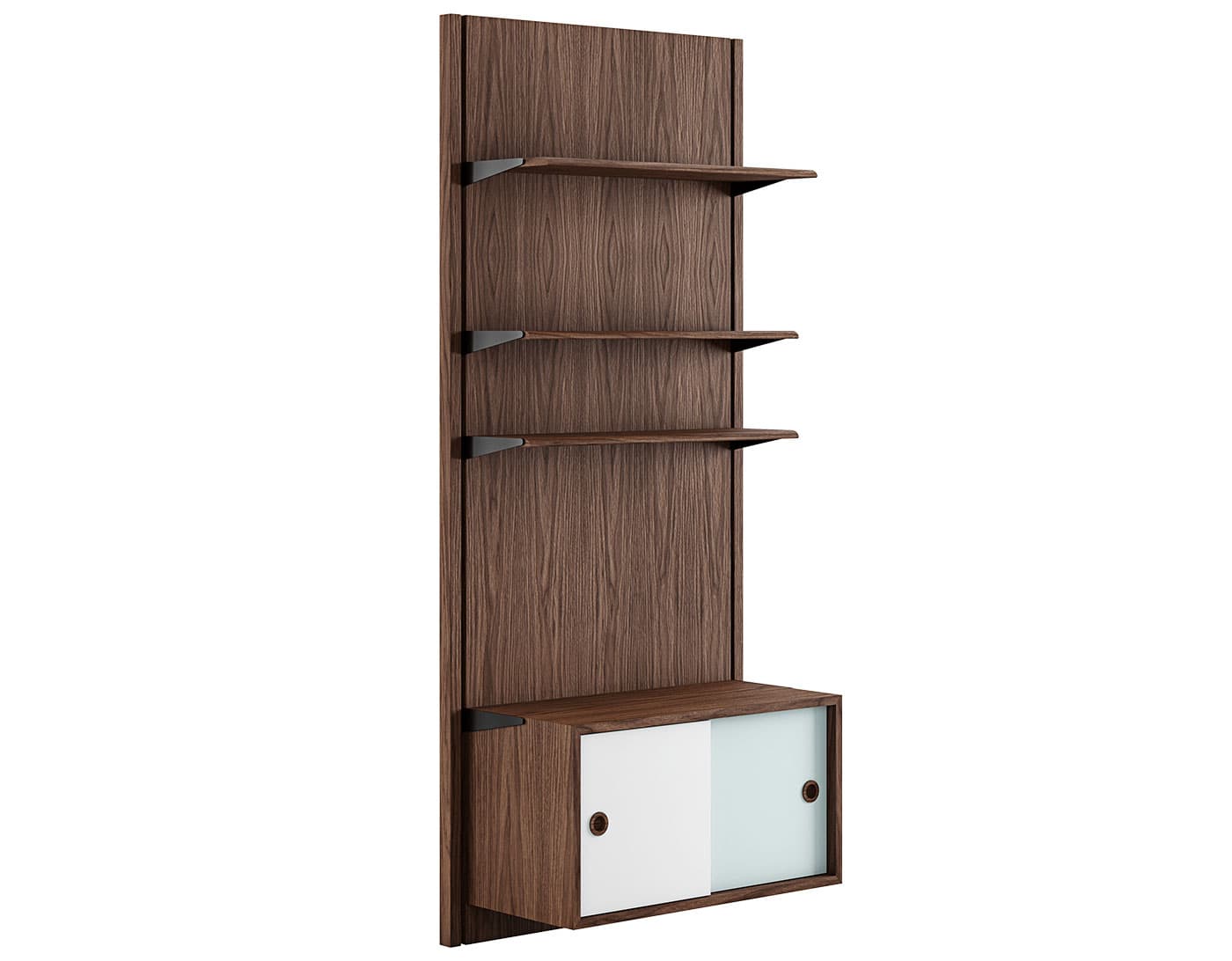 Wall Panel System / composition 1A: walnut panels / walnut components (white/blue doors)