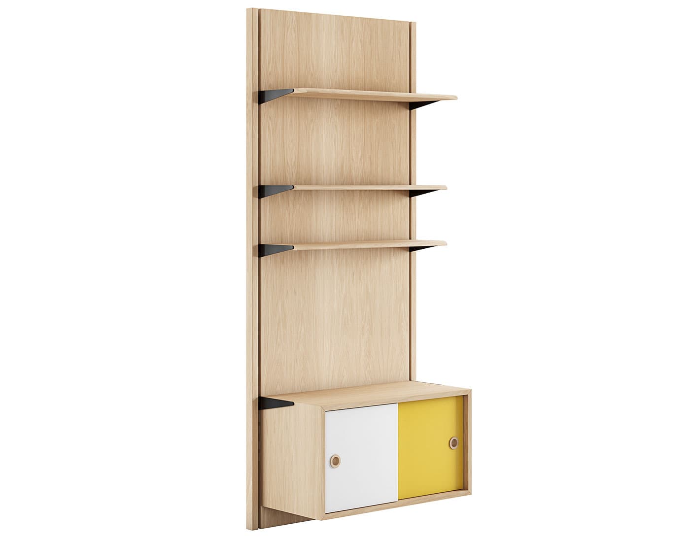 Wall Panel System / composition 1A: oiled oak panels / oiled oak components (white/yellow doors)