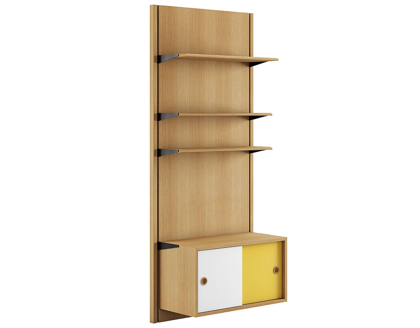 Wall Panel System / composition 1A: dark-oiled oak panels / dark-oiled oak components (white/yellow doors)