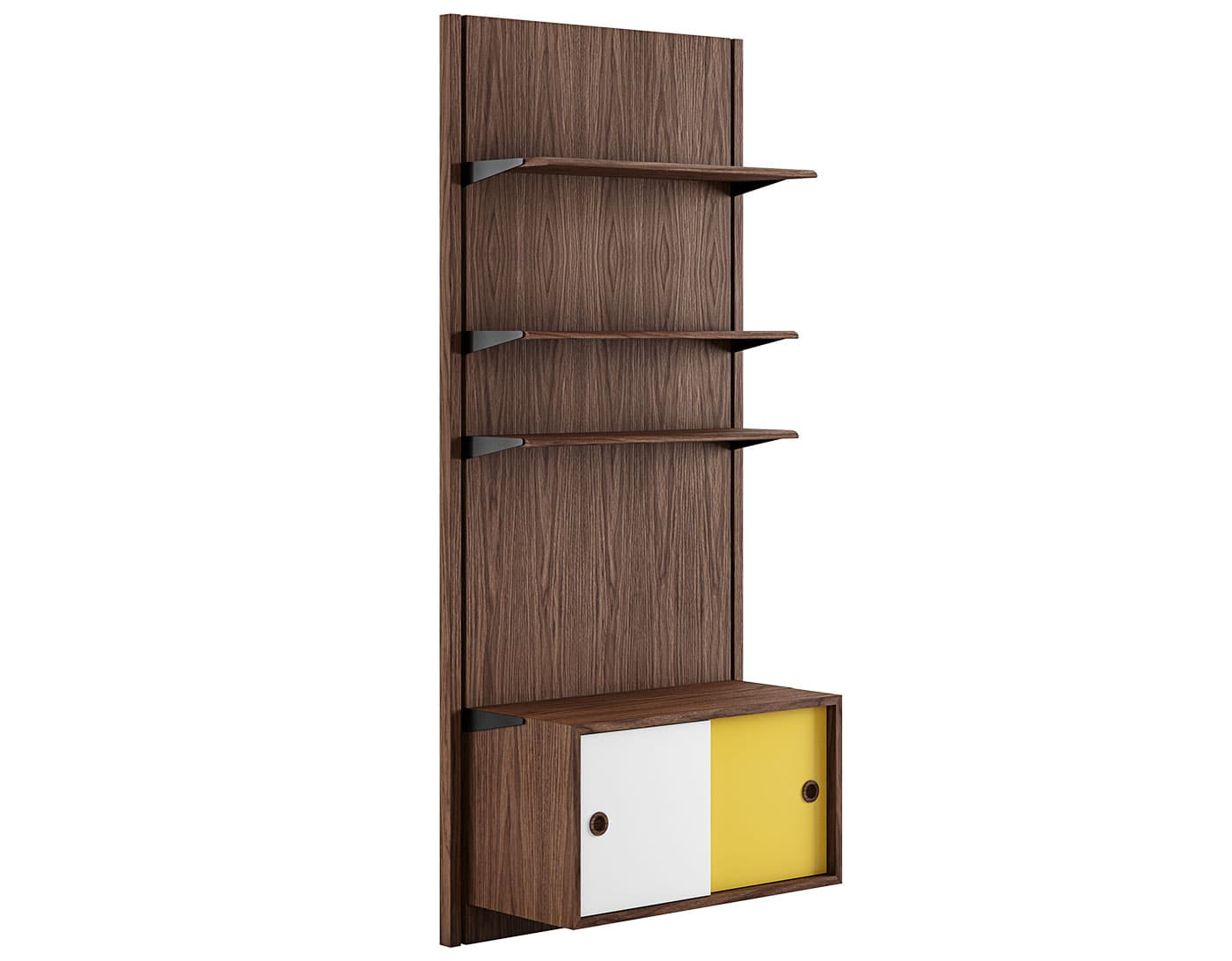 Wall Panel System / composition 1A: walnut panels / walnut components (white/yellow doors)