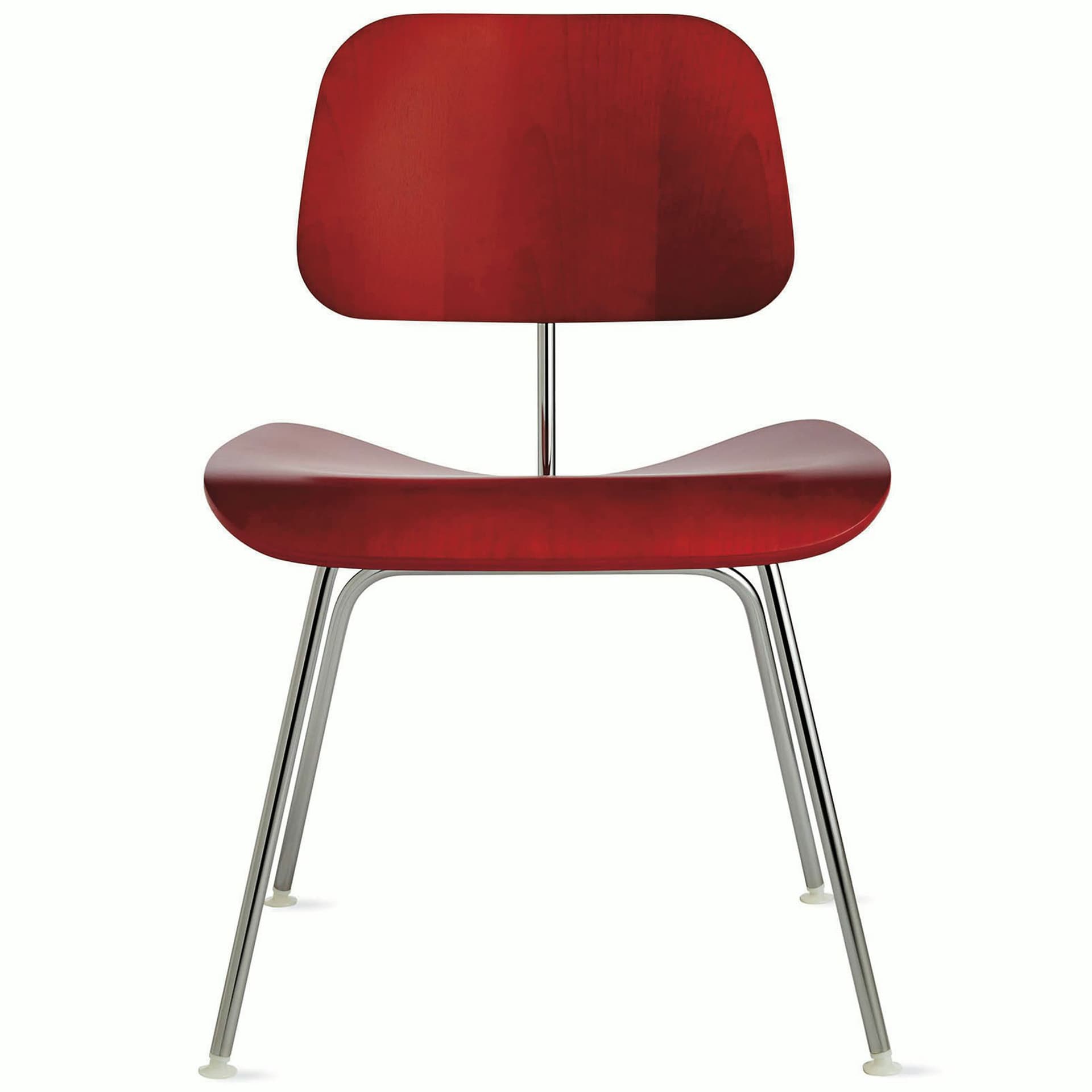 eames molded plywood dining chair dcm / red stained birch veneer / trivalent chrome base