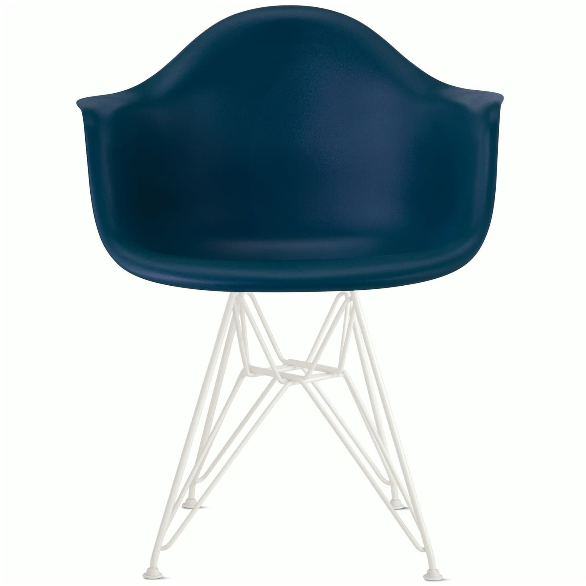 eames molded plastic armchair with wire base / white base / blue green shell / standard glides