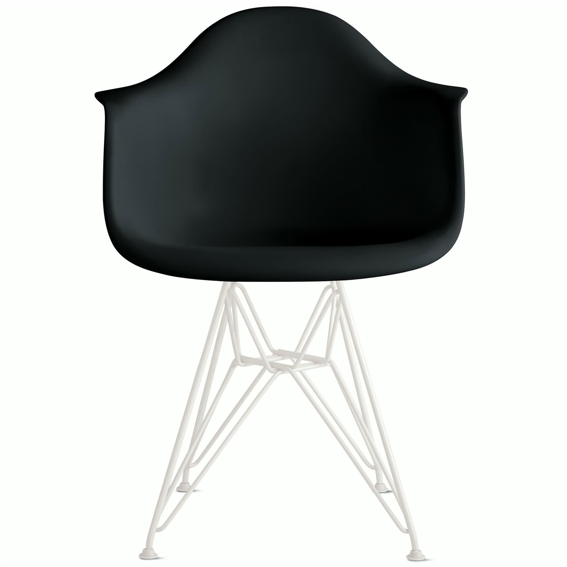 eames molded plastic armchair with wire base / white base / black shell / felt glides