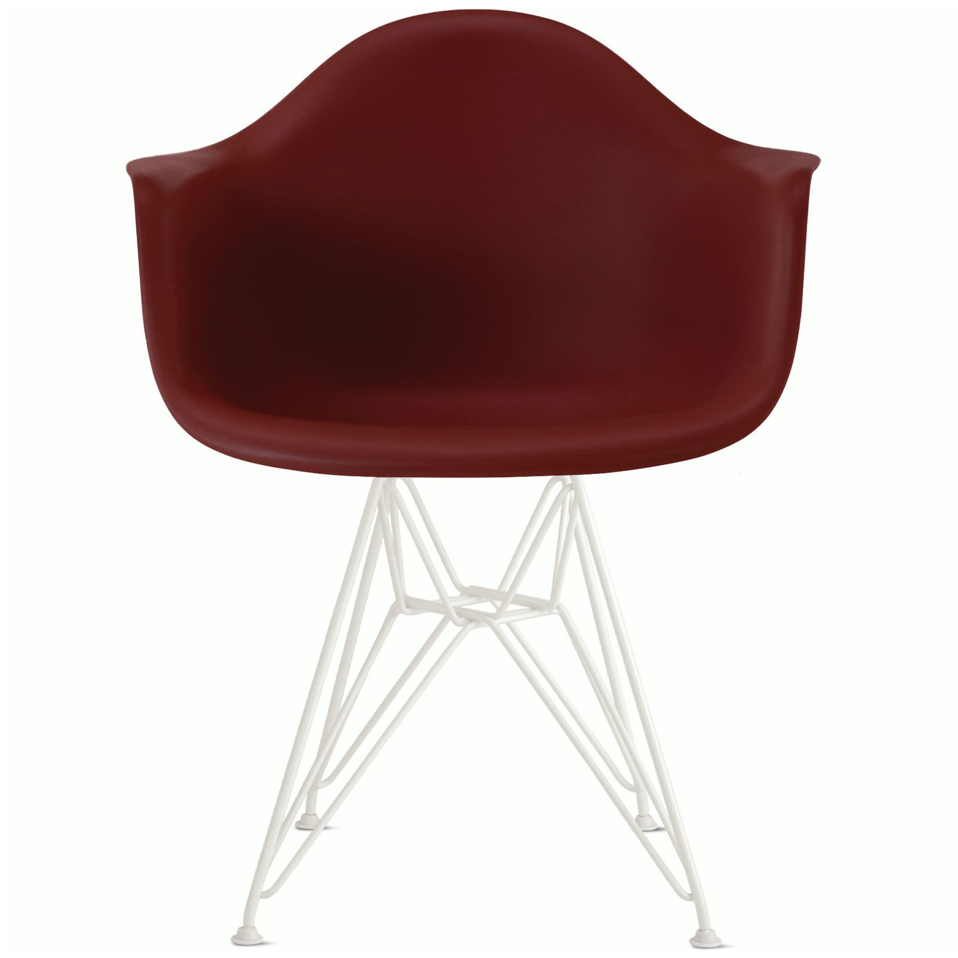 eames molded plastic armchair with wire base / white base / brick red shell / standard glides