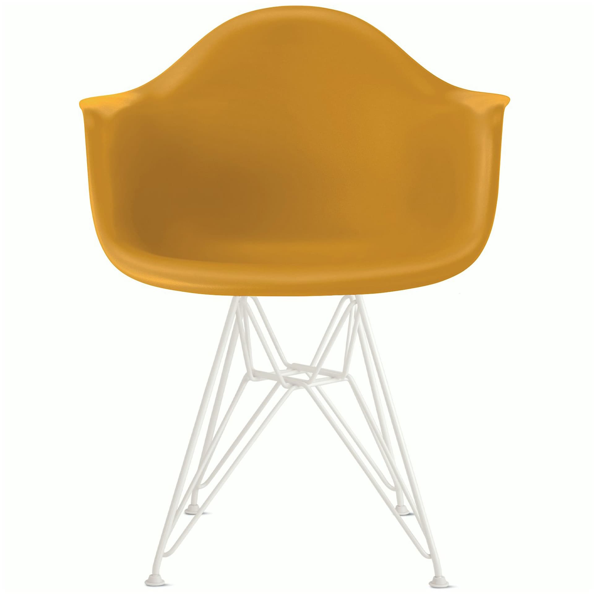 eames molded plastic armchair with wire base / white base / deep yellow shell / felt glides