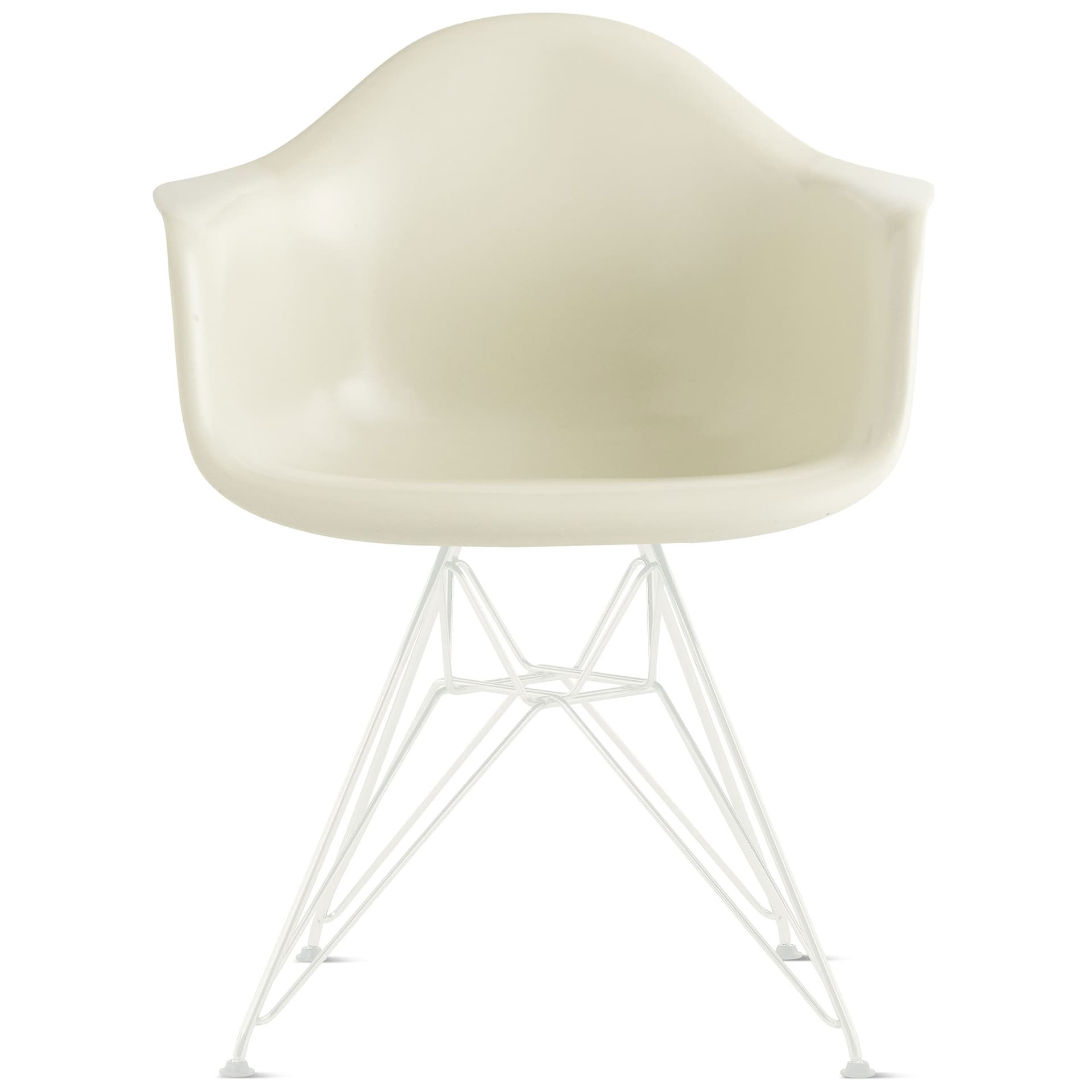 eames molded plastic armchair with wire base / white base / white shell / standard glides