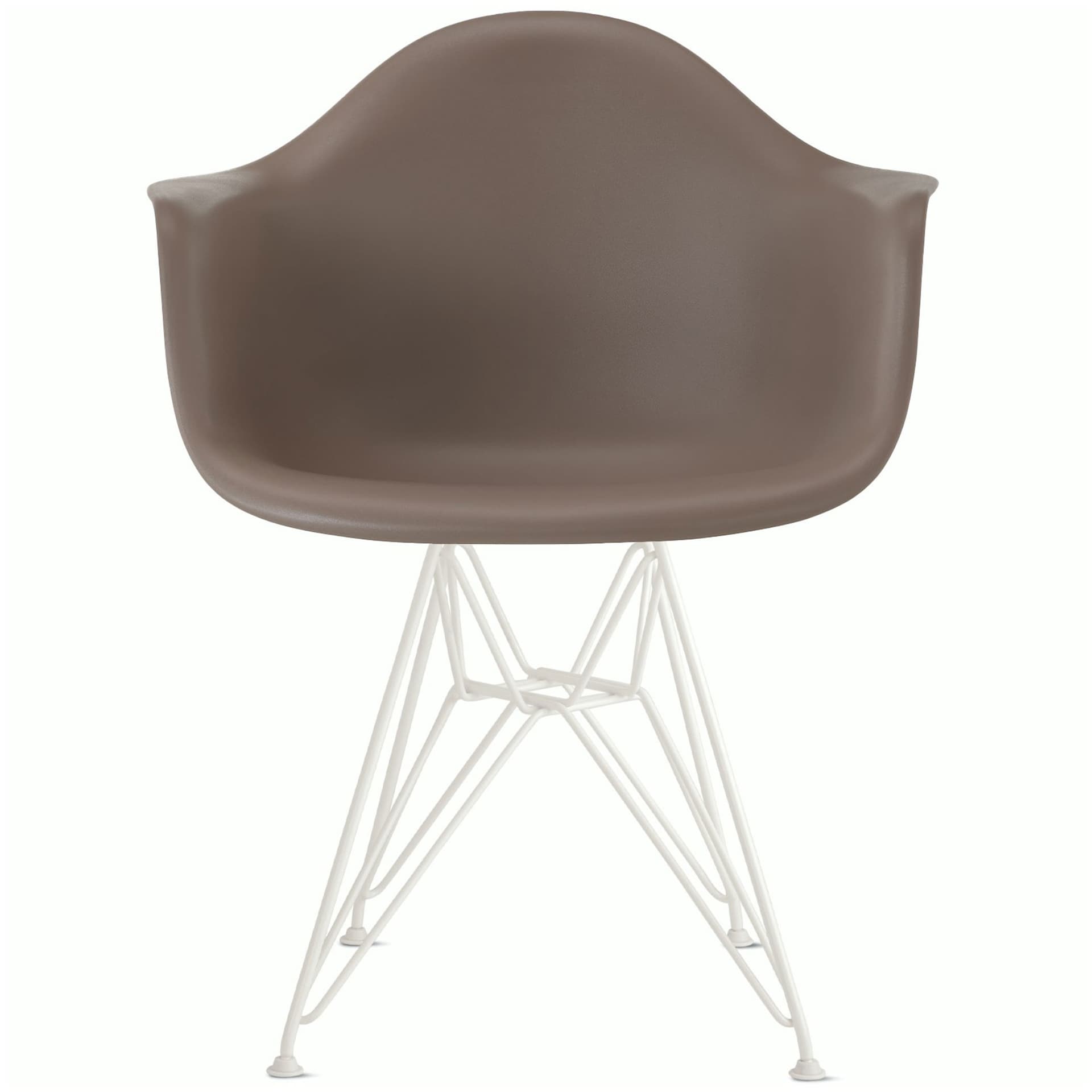 eames molded plastic armchair with wire base / white base / cocoa shell / felt glides