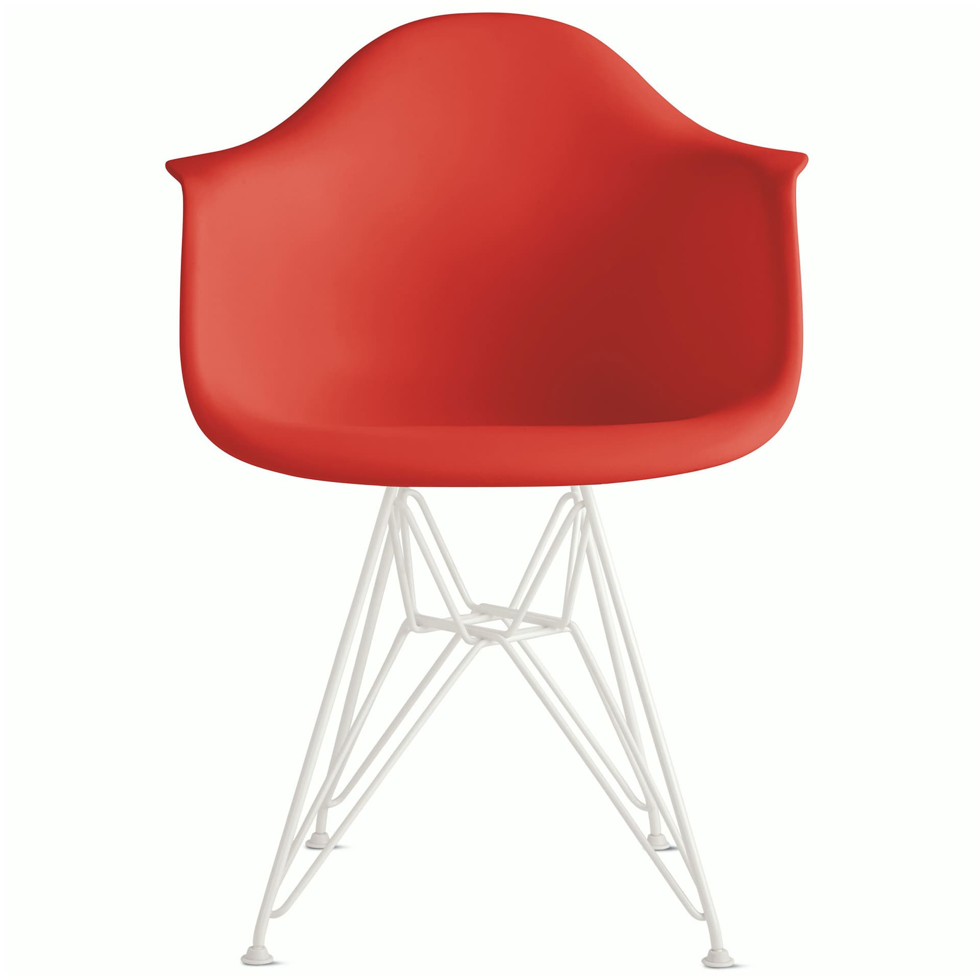 eames molded plastic armchair with wire base / white base / red orange shell / felt glides