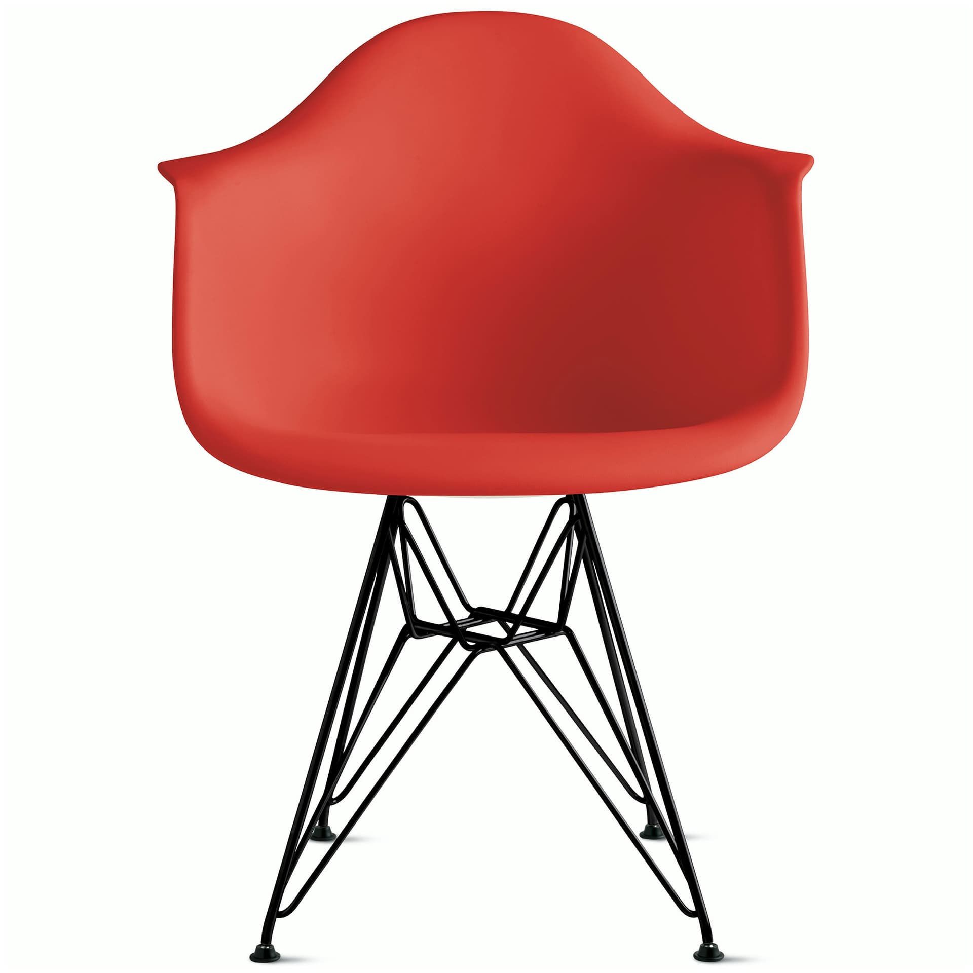 eames molded plastic armchair with wire base / black frame base / standard glide / red orange
