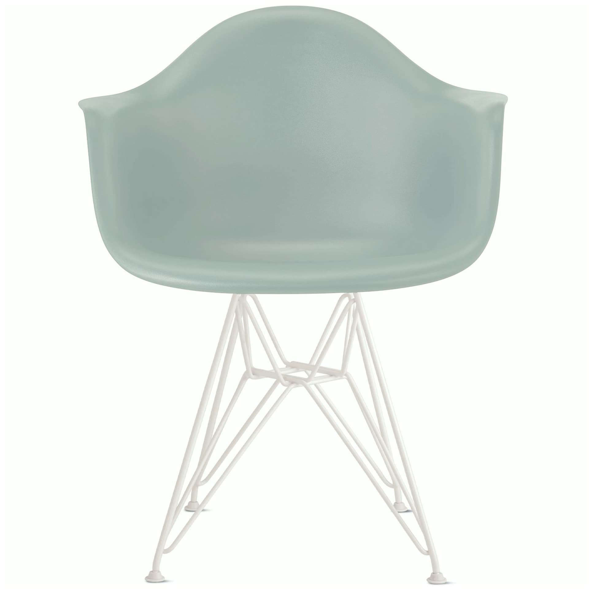 eames molded plastic armchair with wire base / white base / grey green shell / felt glides
