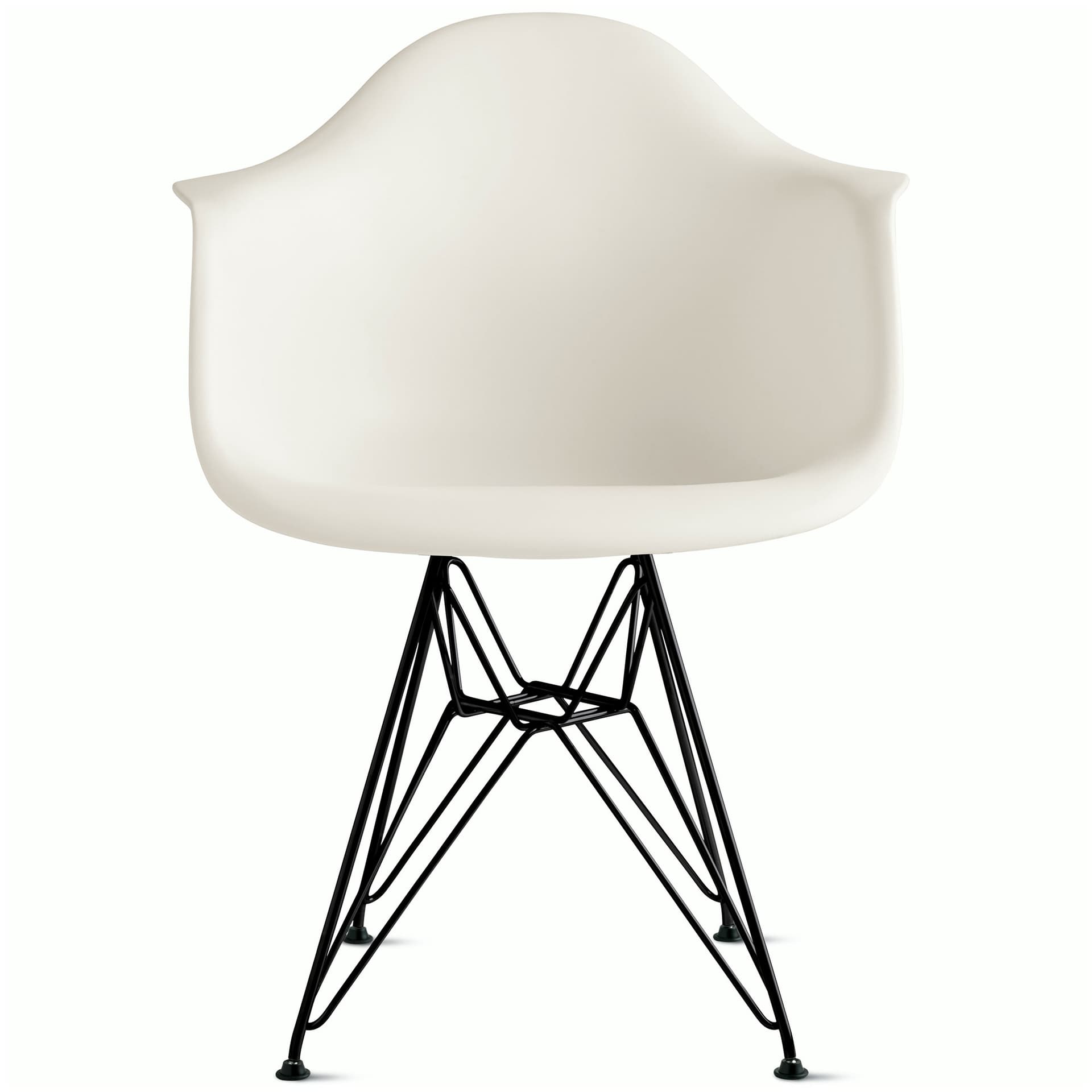 eames molded plastic armchair with wire base / black base / white shell / standard glides