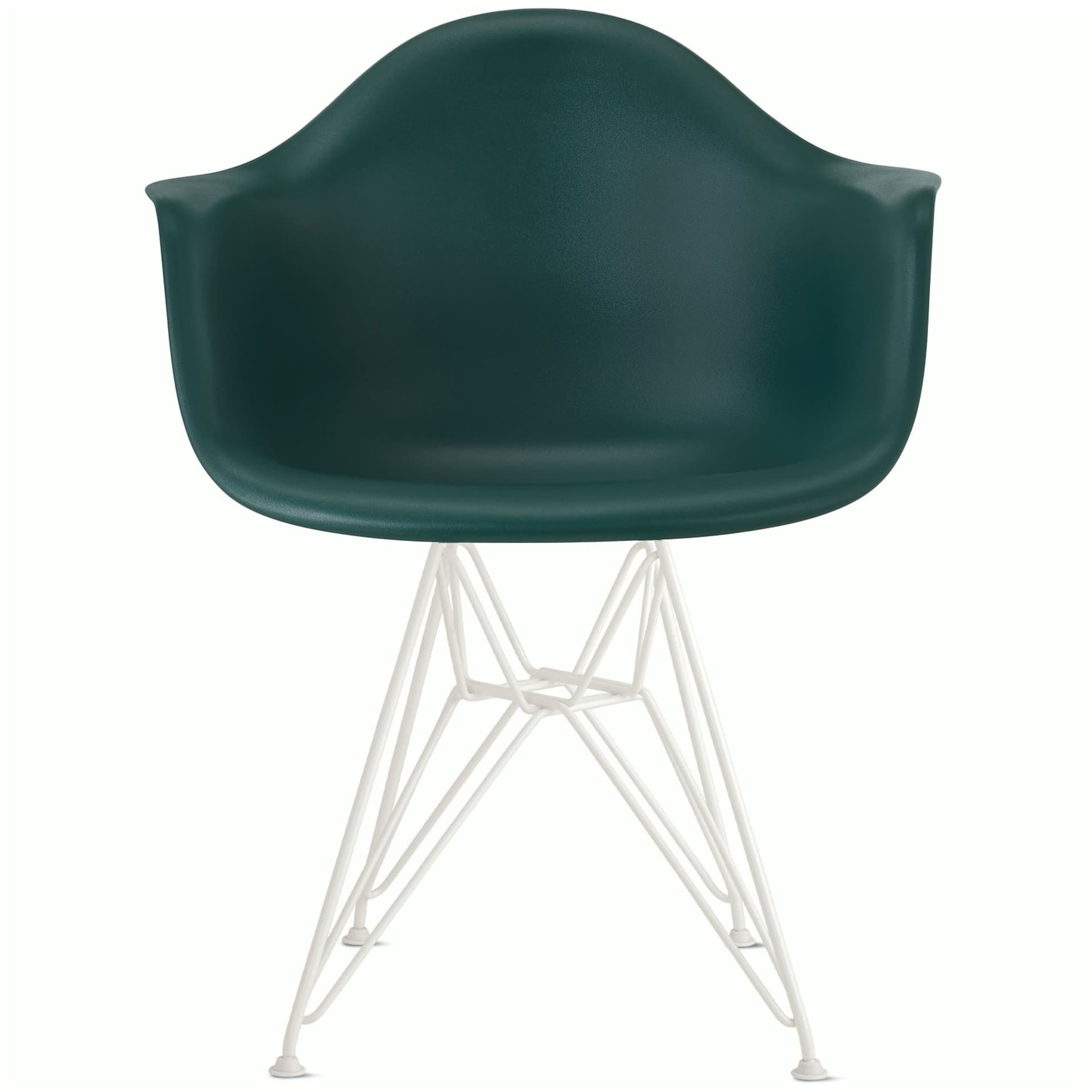 eames molded plastic armchair with wire base / white base / evergreen shell / felt glides