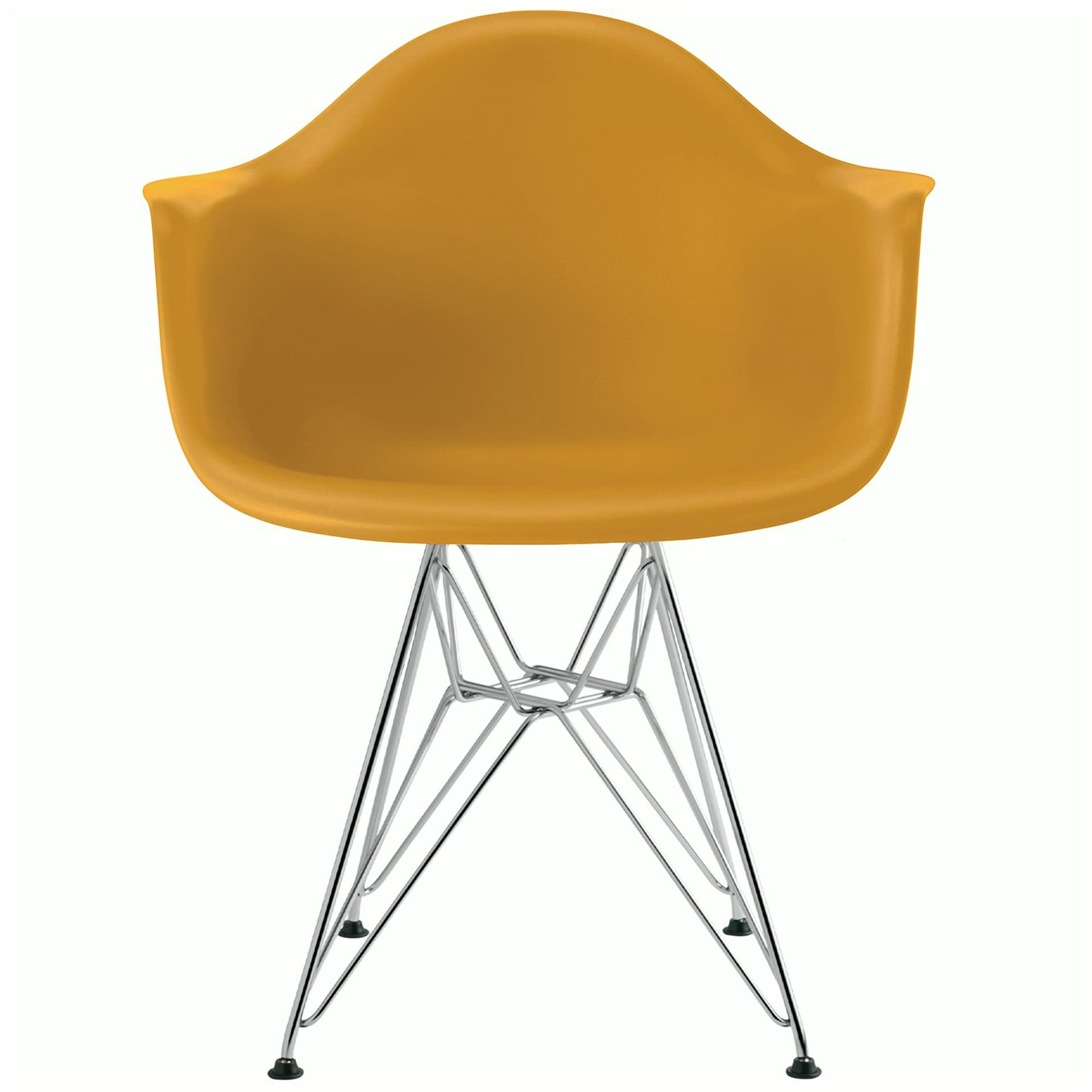 eames molded plastic armchair with wire base / chrome base / deep yellow shell / standard glides