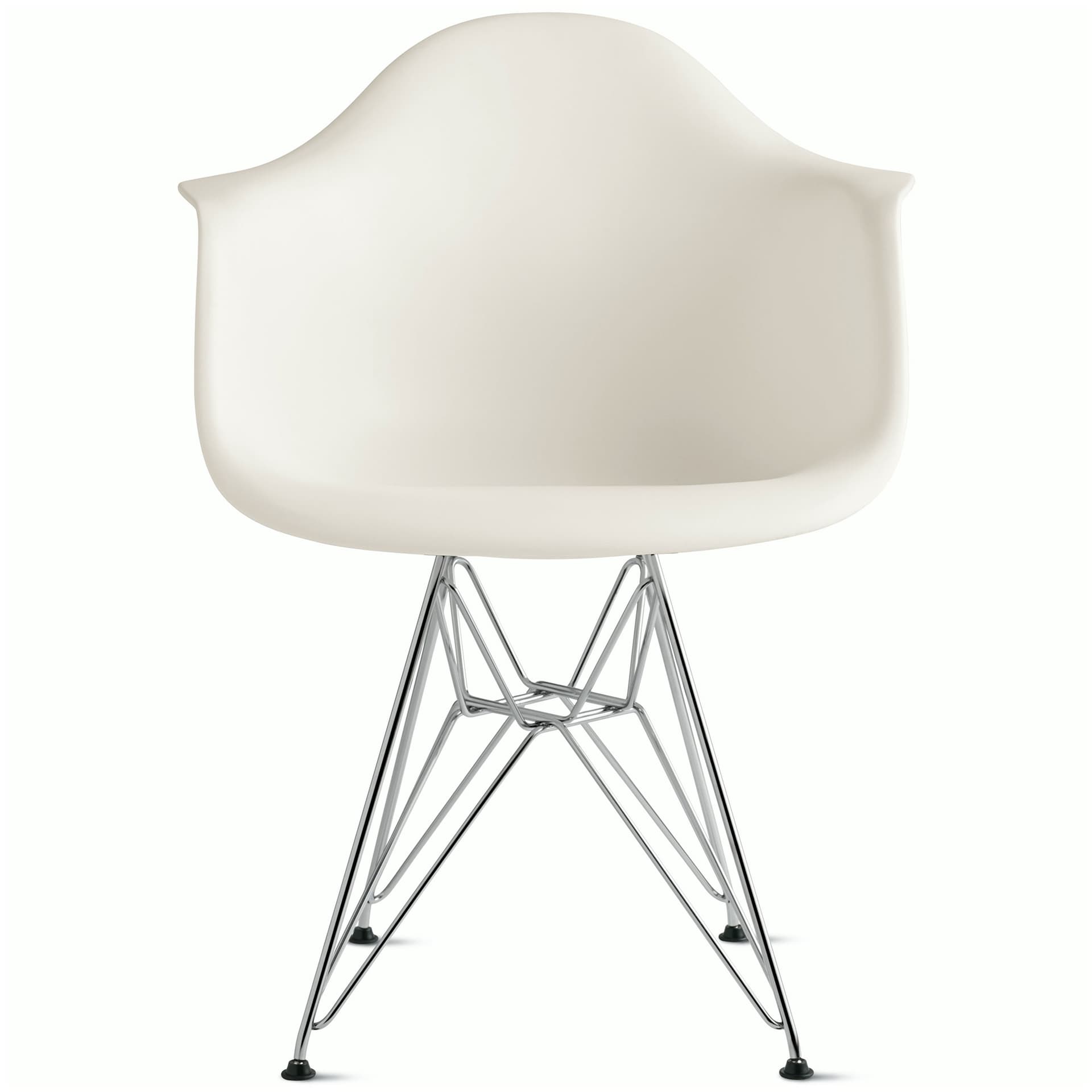 eames molded plastic armchair with wire base / chrome base / white shell / standard glides