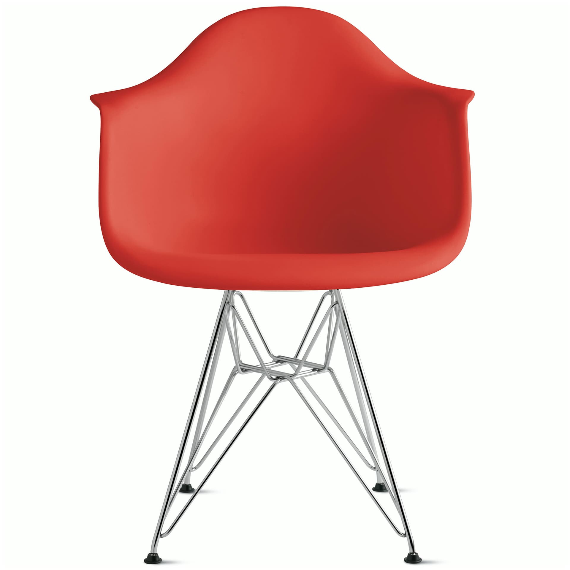 eames molded plastic armchair with wire base / black base / red orange shell / felt glides