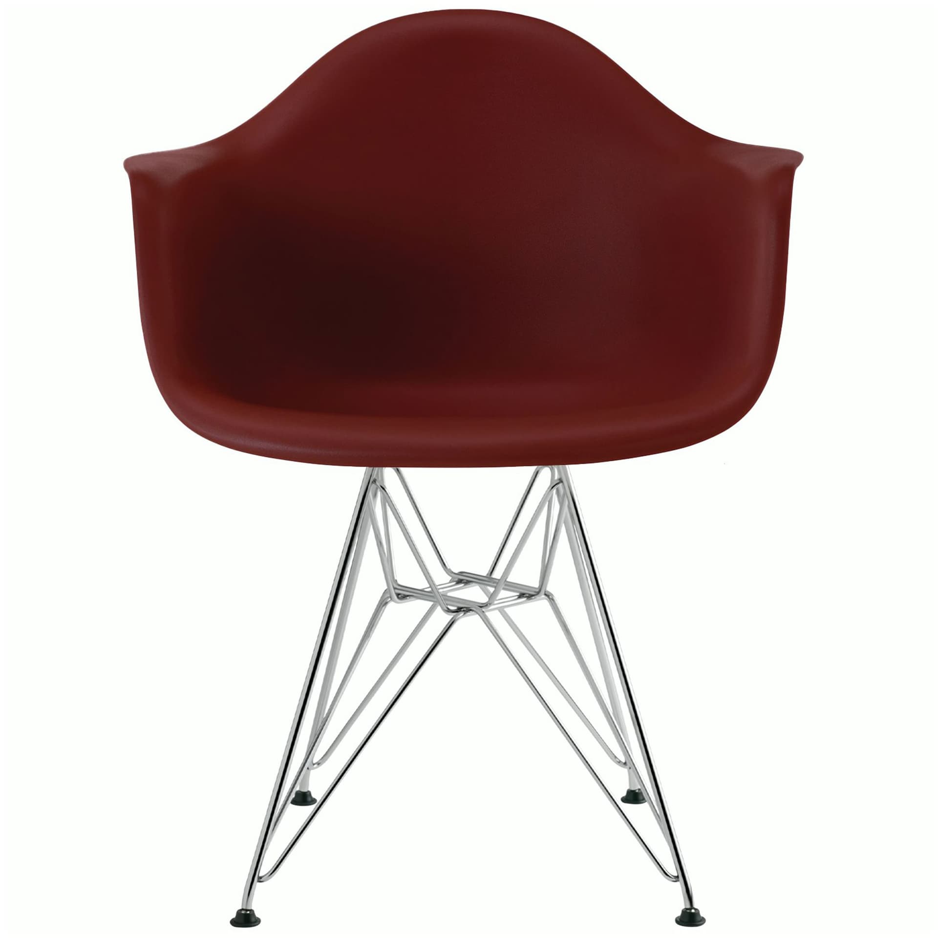 eames molded plastic armchair with wire base / chrome base / brick red shell / standard glides