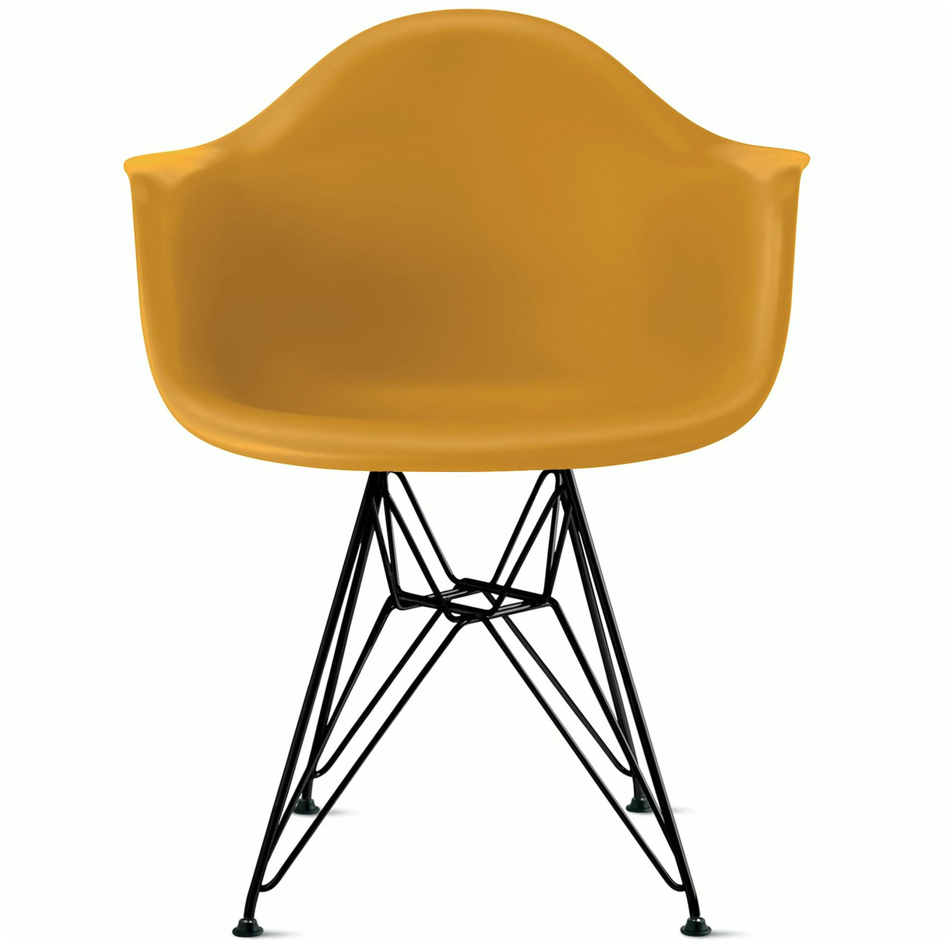 eames molded plastic armchair with wire base / black base / deep yellow shell / felt glides