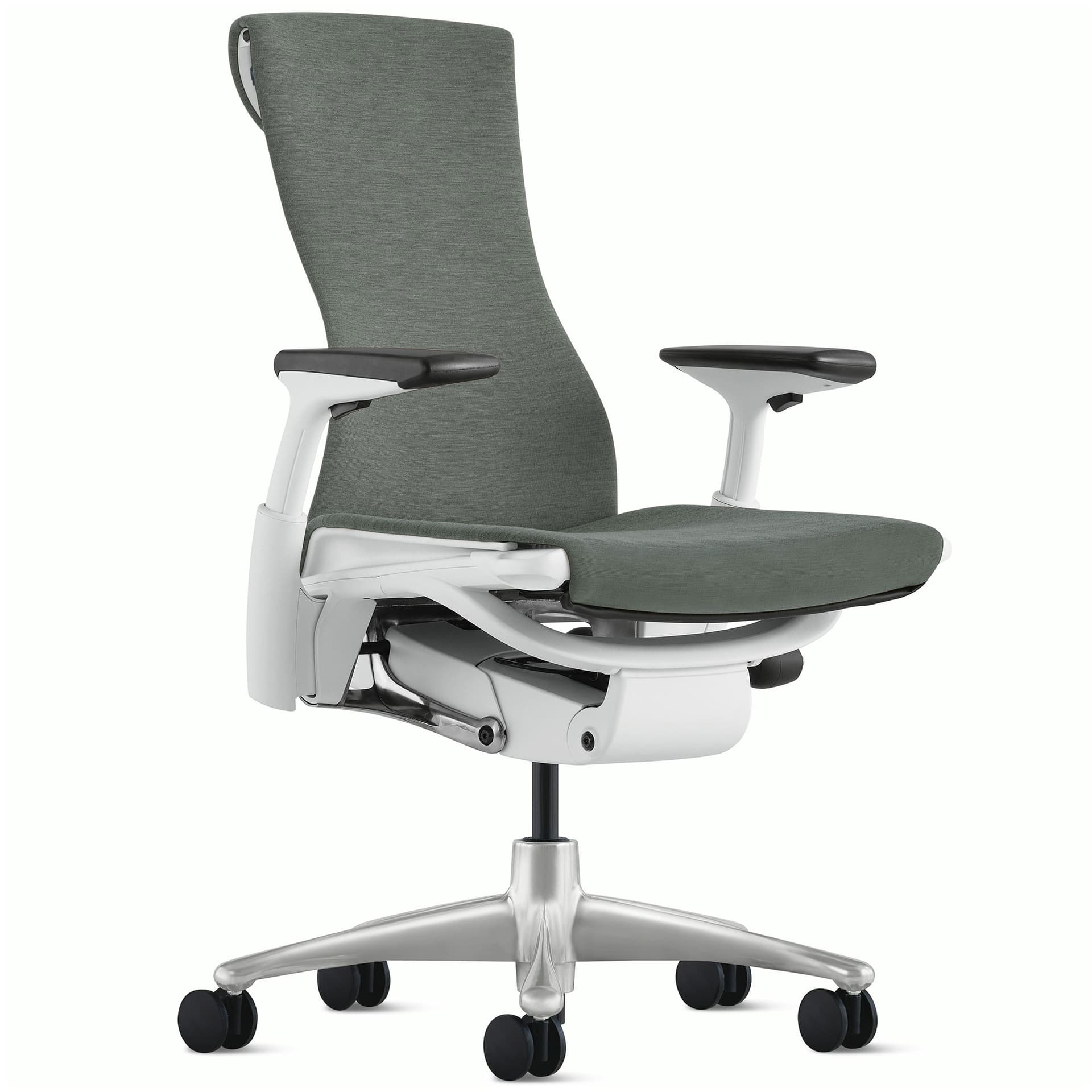 Embody task chair by Herman Miller / titanium base / white frame / medley feather grey fabric