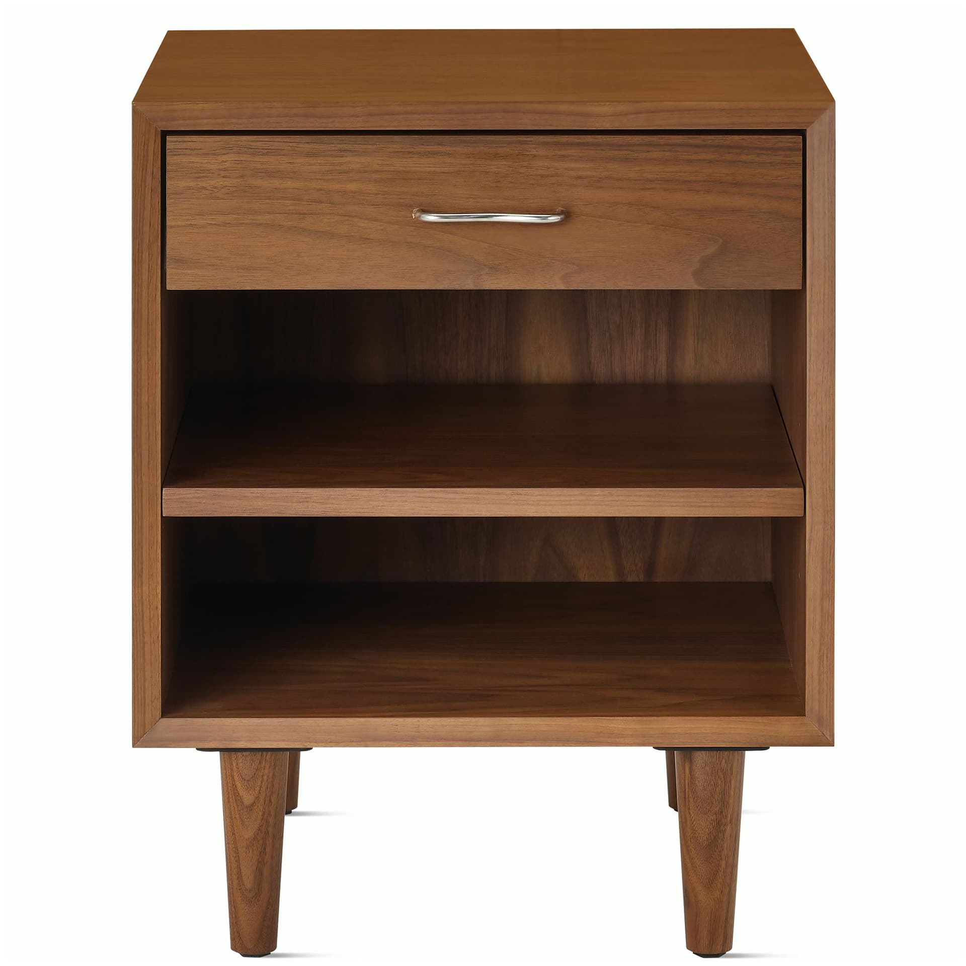 Nelson Basic Cabinet Series Bedside Table / tapered legs / aluminum wavy pulls / walnut finish